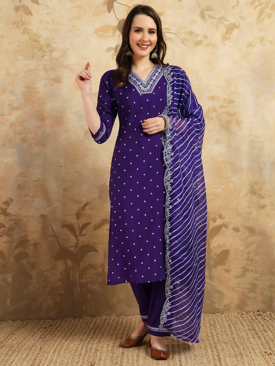 Beautiful  CHANDERI SILK Embroidered Straight Kurta with pant and dupatta sets