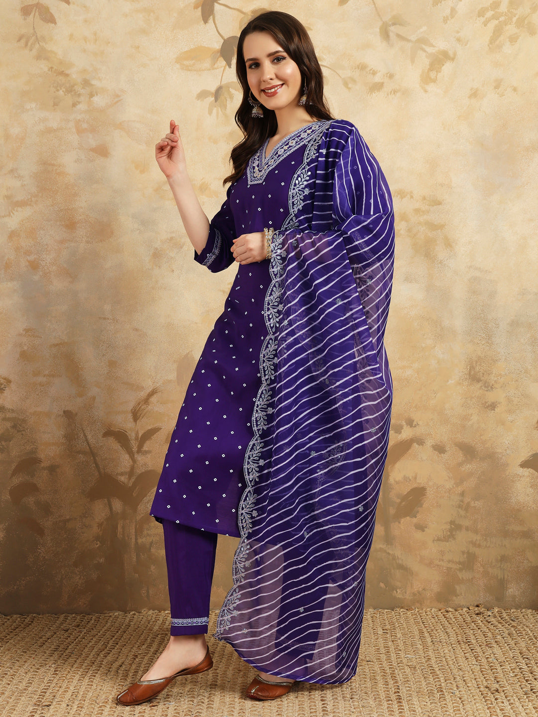 Beautiful  CHANDERI SILK Embroidered Straight Kurta with pant and dupatta sets