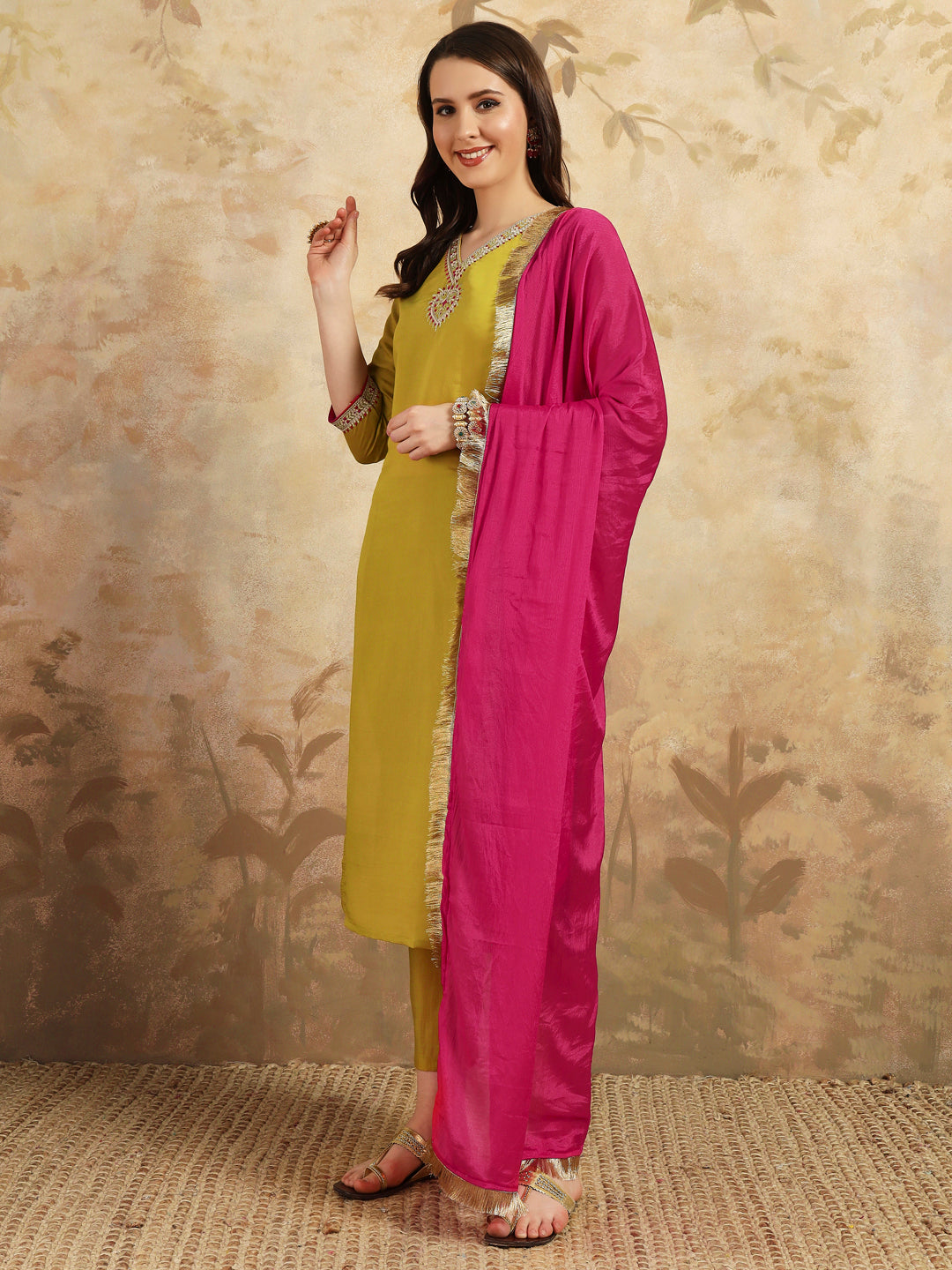 Beautiful  CHANDERI SILK Embroidered Straight Kurta with pant and dupatta sets