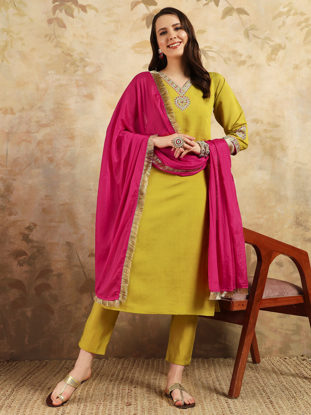 Beautiful  CHANDERI SILK Embroidered Straight Kurta with pant and dupatta sets