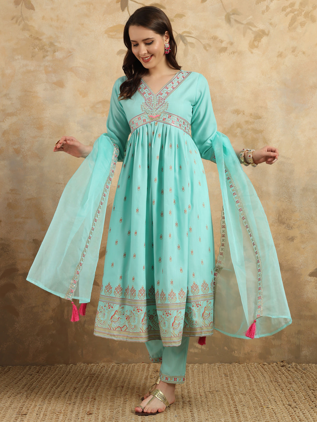 Beautiful  REYON SLUB WITH KHADI PRINT Embroidered Straight Kurta with pant and dupatta sets