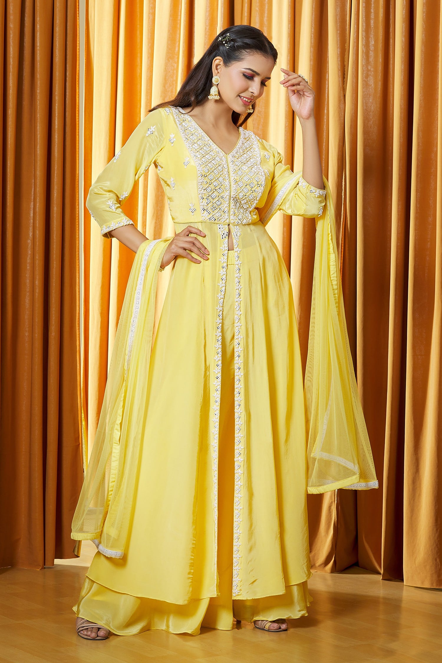 Yellow Designer Kurta And Palazzo Chinon Mirror Work Slit Set For Women