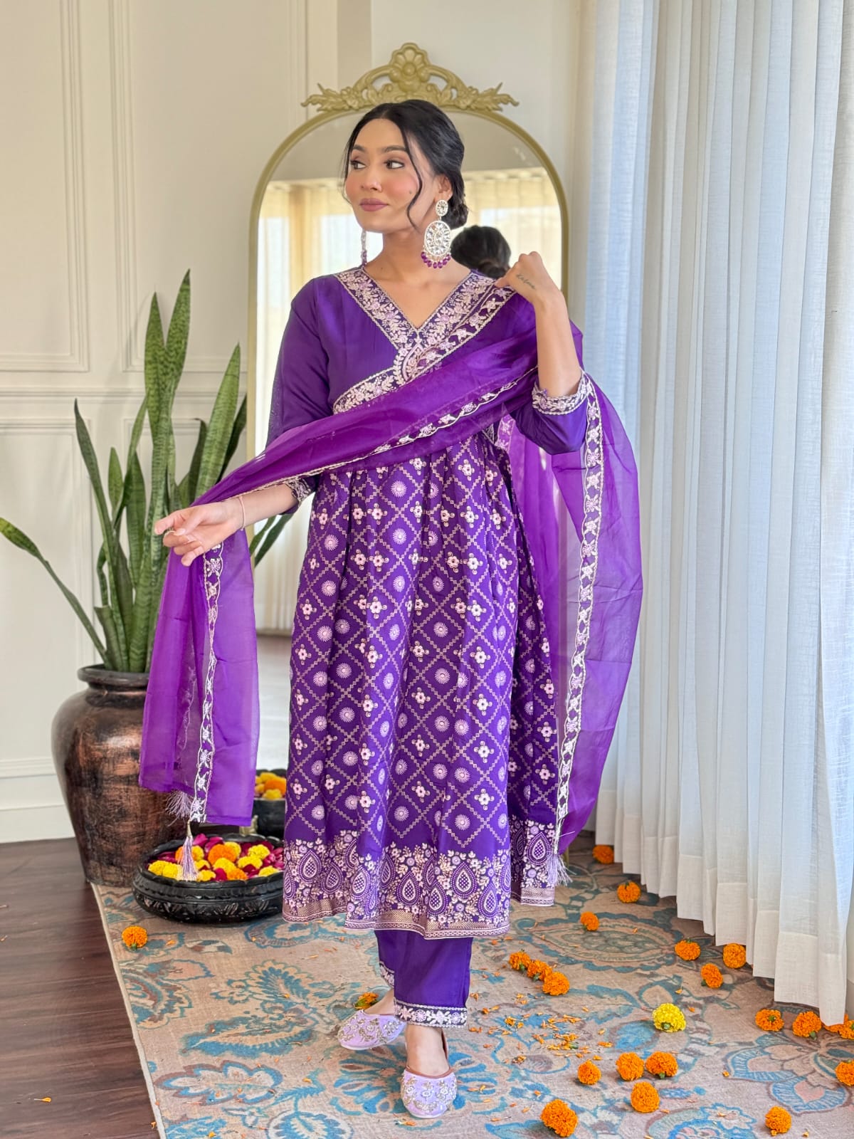 Beautiful  CHANDERI SILK Embroidered Straight Kurta with pant and dupatta sets