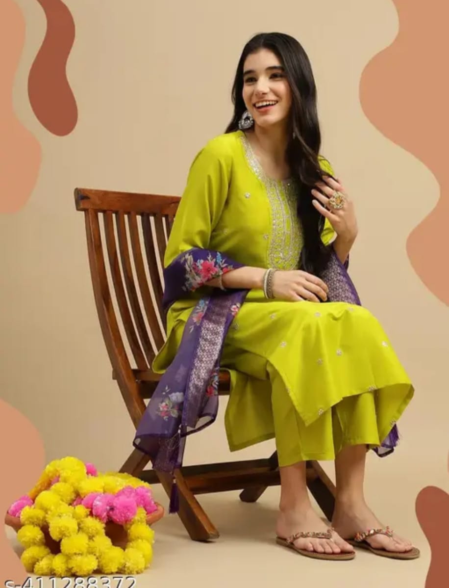 Beautiful  CHINNON SILK Embroidered Straight Kurta with pant and dupatta sets