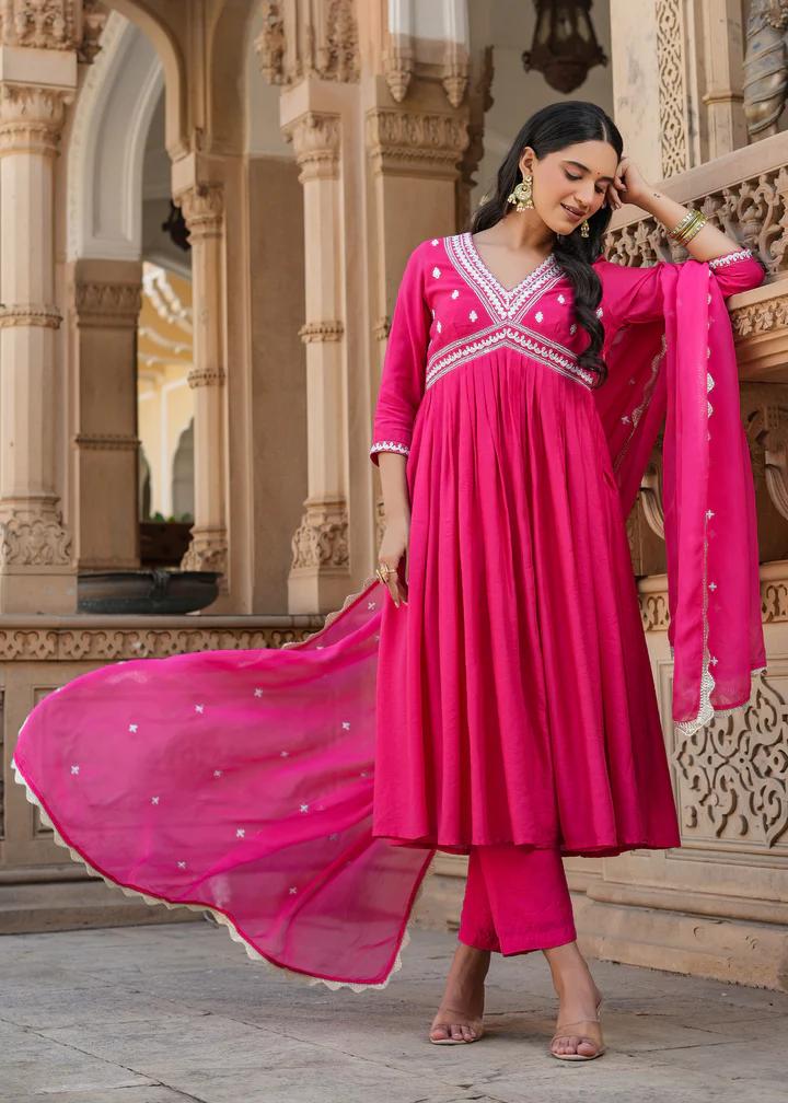 Beautiful Chanderi SILK Embroidered Anarkali Kurta with pant and dupatta sets