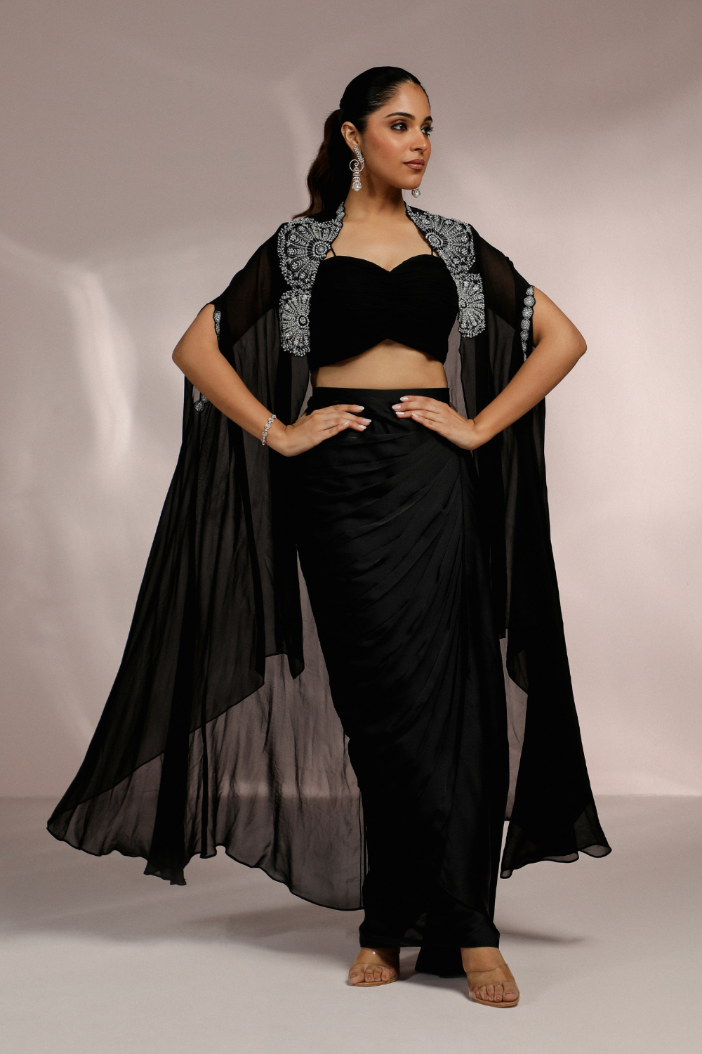 Black Dhoti Skirt with Blouse & Embroidered Cape Set