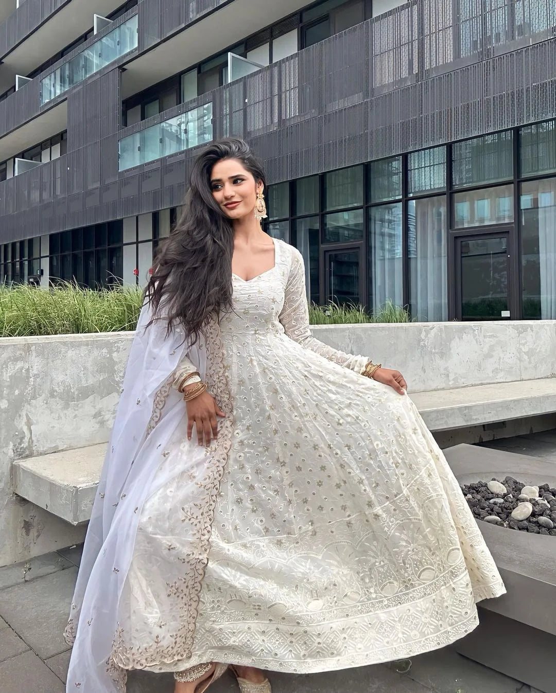 THREAD AND SEQUENCE WORK WHITE COLOR ANARKALI GOWN