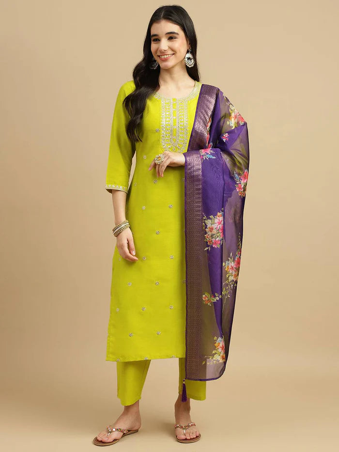 Beautiful  CHINNON SILK Embroidered Straight Kurta with pant and dupatta sets