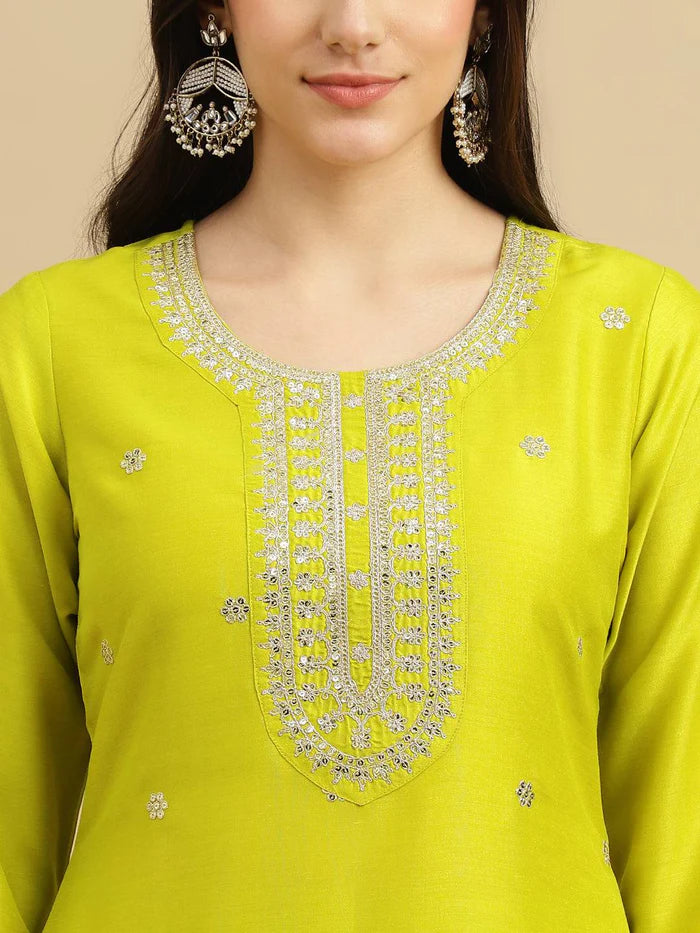 Beautiful  CHINNON SILK Embroidered Straight Kurta with pant and dupatta sets