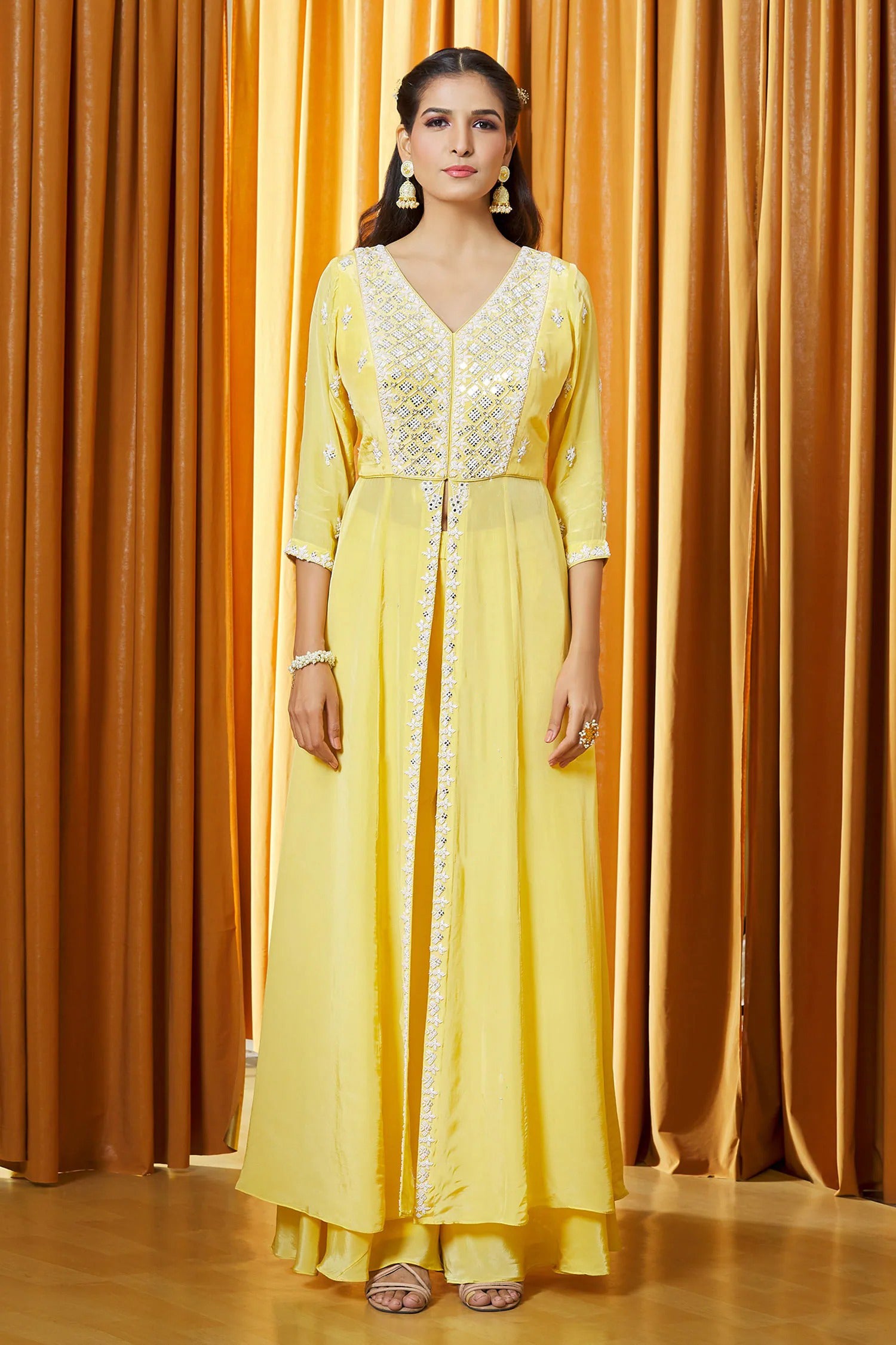 Yellow Designer Kurta And Palazzo Chinon Mirror Work Slit Set For Women