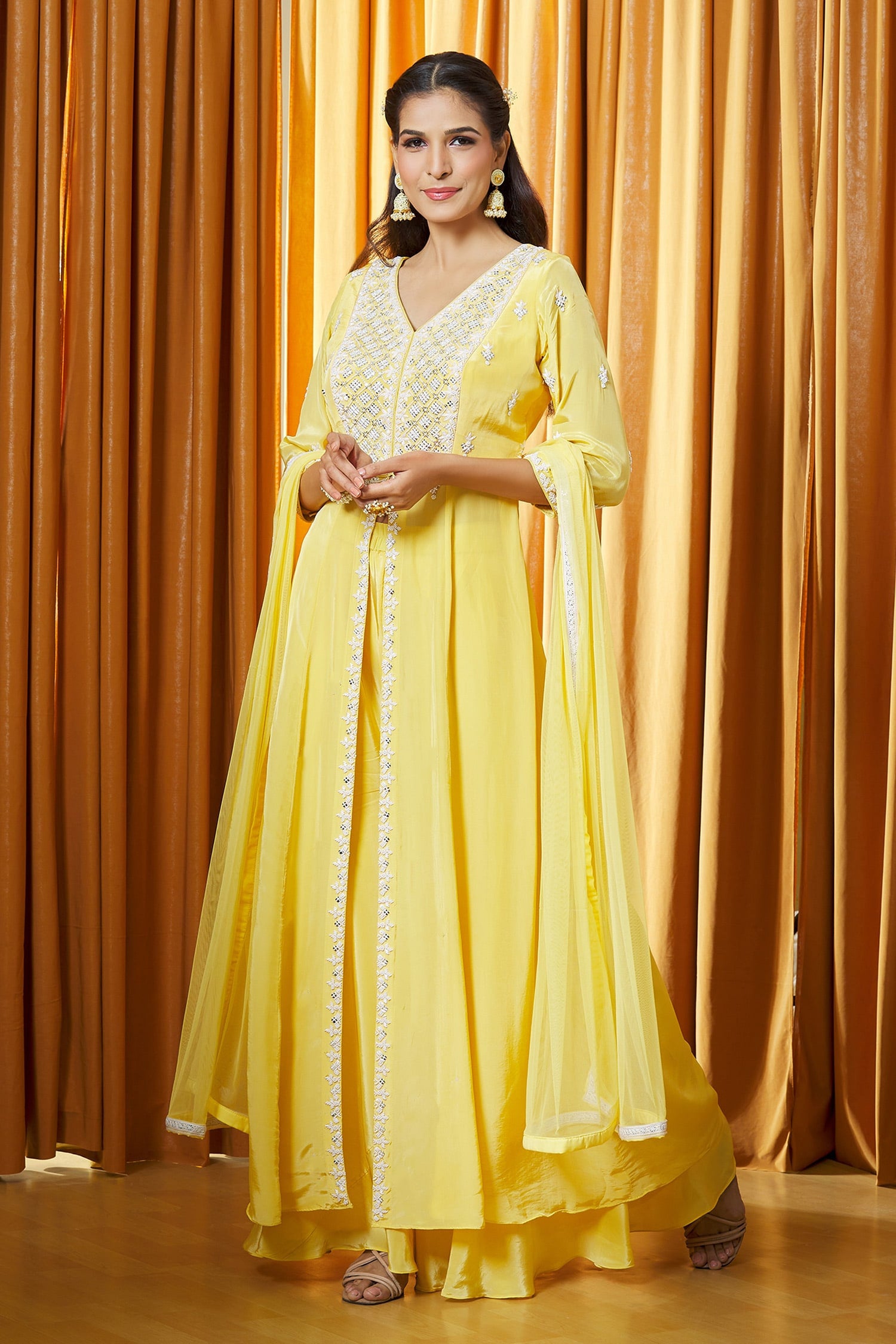 Yellow Designer Kurta And Palazzo Chinon Mirror Work Slit Set For Women