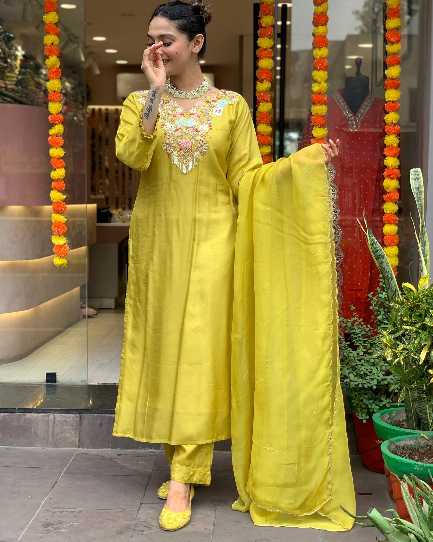 Beautiful  CHANDERI SILK Embroidered Straight Kurta with pant and dupatta sets