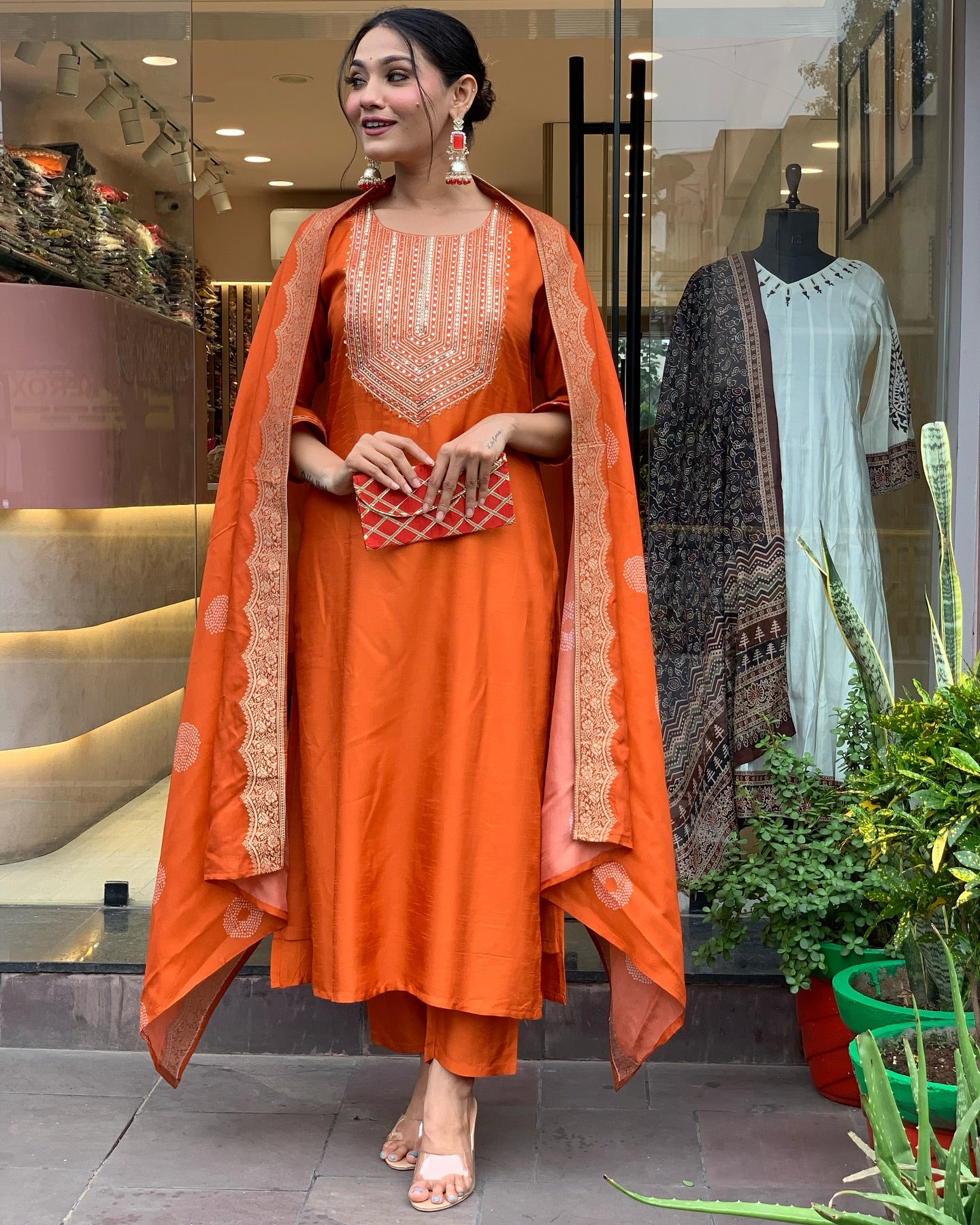 Beautiful  CHANDERI SILK Embroidered Straight Kurta with pant and dupatta sets