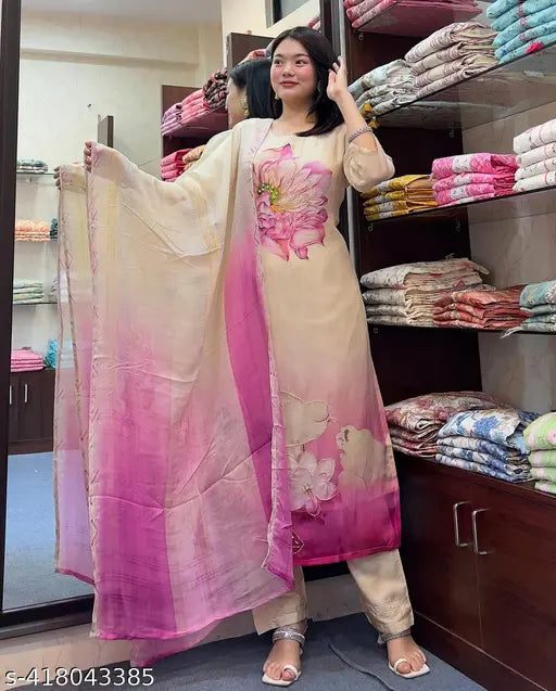 Beautiful  CHANDERI SILK Embroidered Straight Kurta with pant and dupatta sets