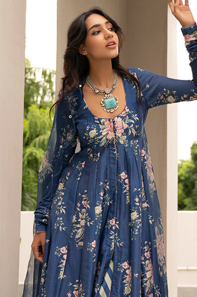 Falak Blue Front Open Floral Anarkali with Palazzo and Dupatta