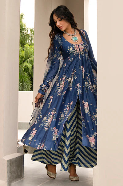 Falak Blue Front Open Floral Anarkali with Palazzo and Dupatta