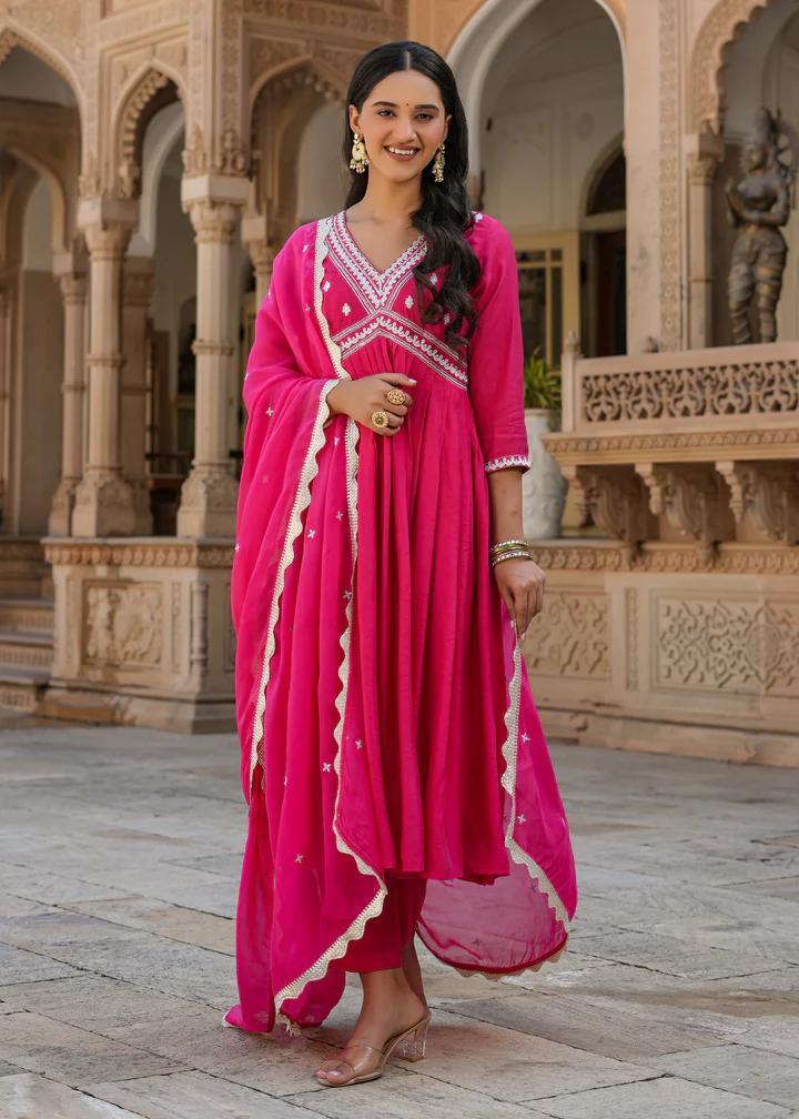 Beautiful Chanderi SILK Embroidered Anarkali Kurta with pant and dupatta sets