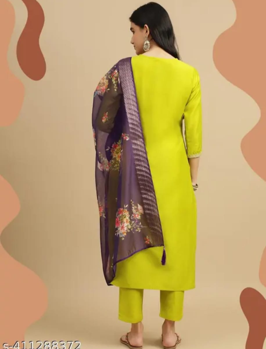 Beautiful  CHINNON SILK Embroidered Straight Kurta with pant and dupatta sets