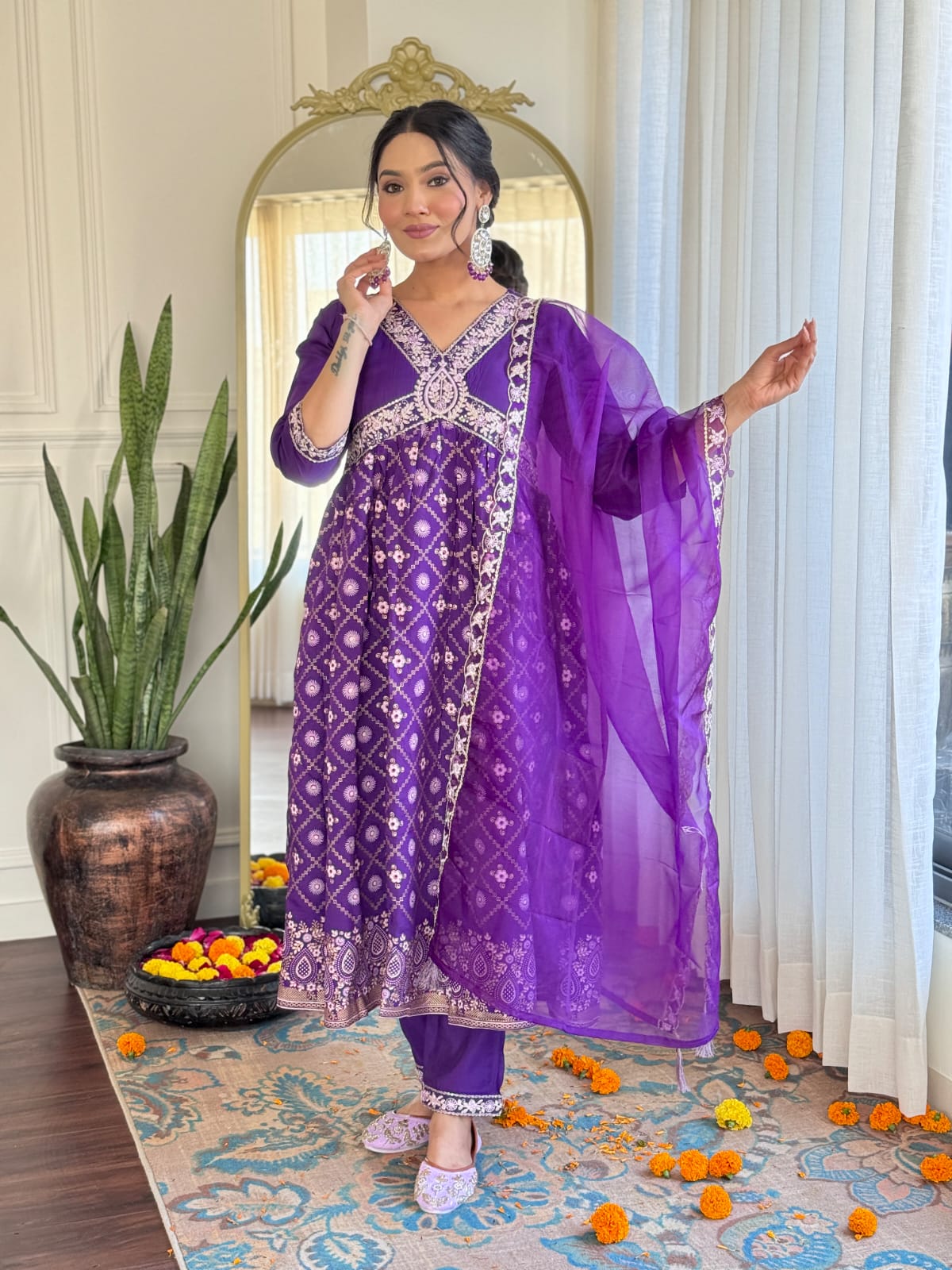 Beautiful  CHANDERI SILK Embroidered Straight Kurta with pant and dupatta sets