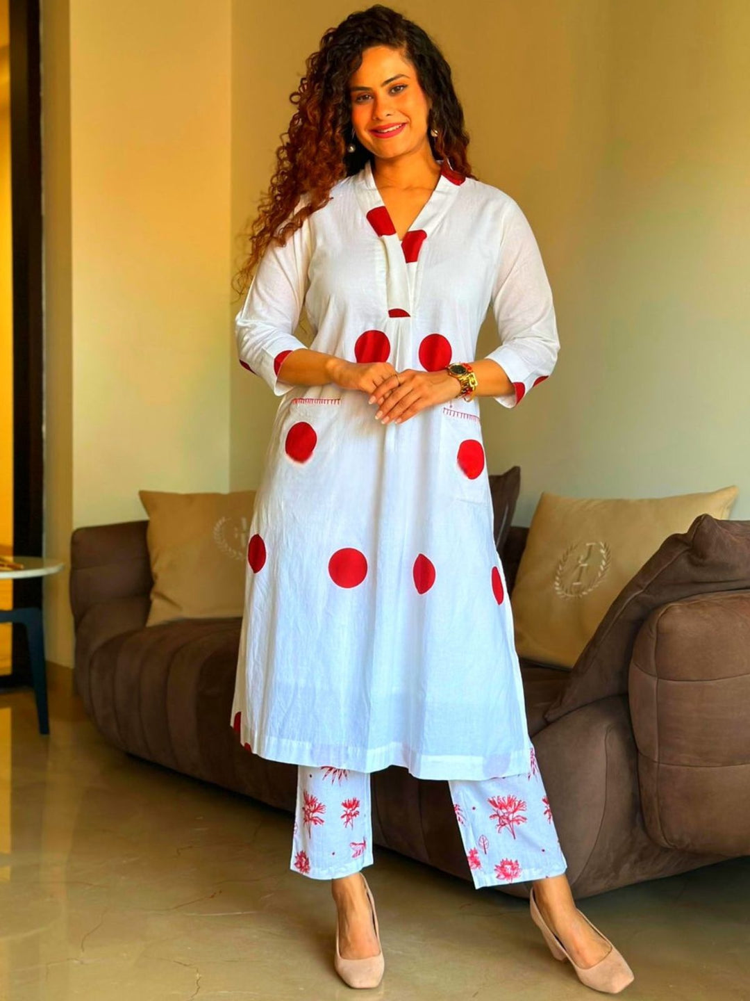 Women Polka-Dot Print Kurta & Pants Co-Ord Set