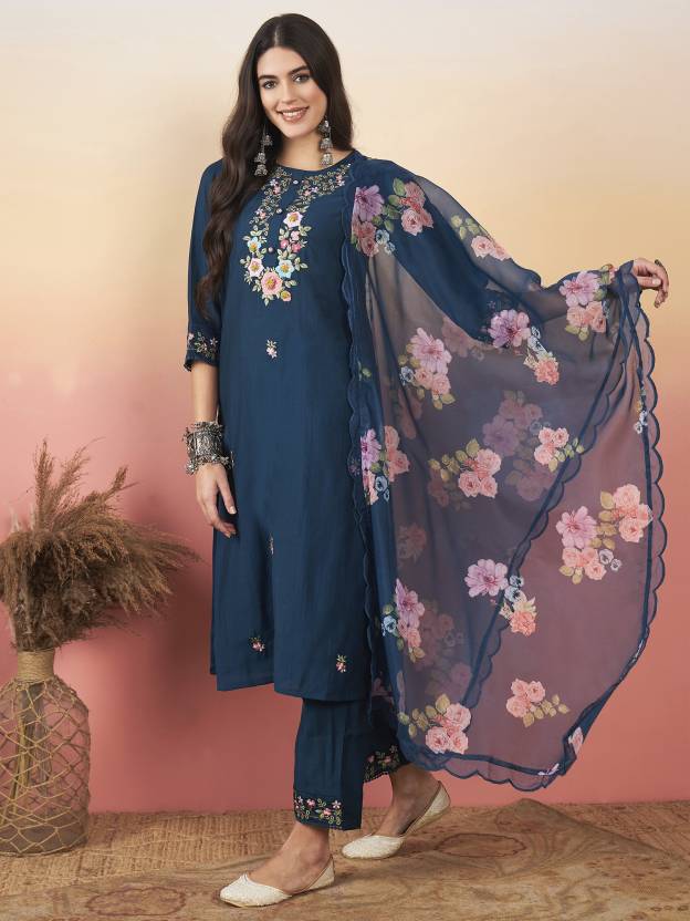 Beautiful Viscose Chanderi Embroidered Straight Kurta with pant and dupatta sets