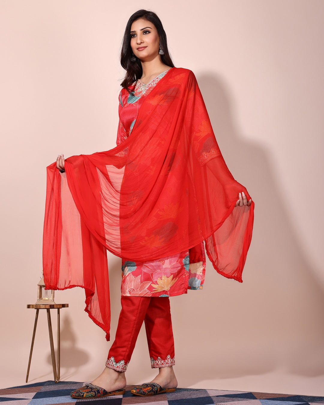 Red floral printed kurta with pant and duptta