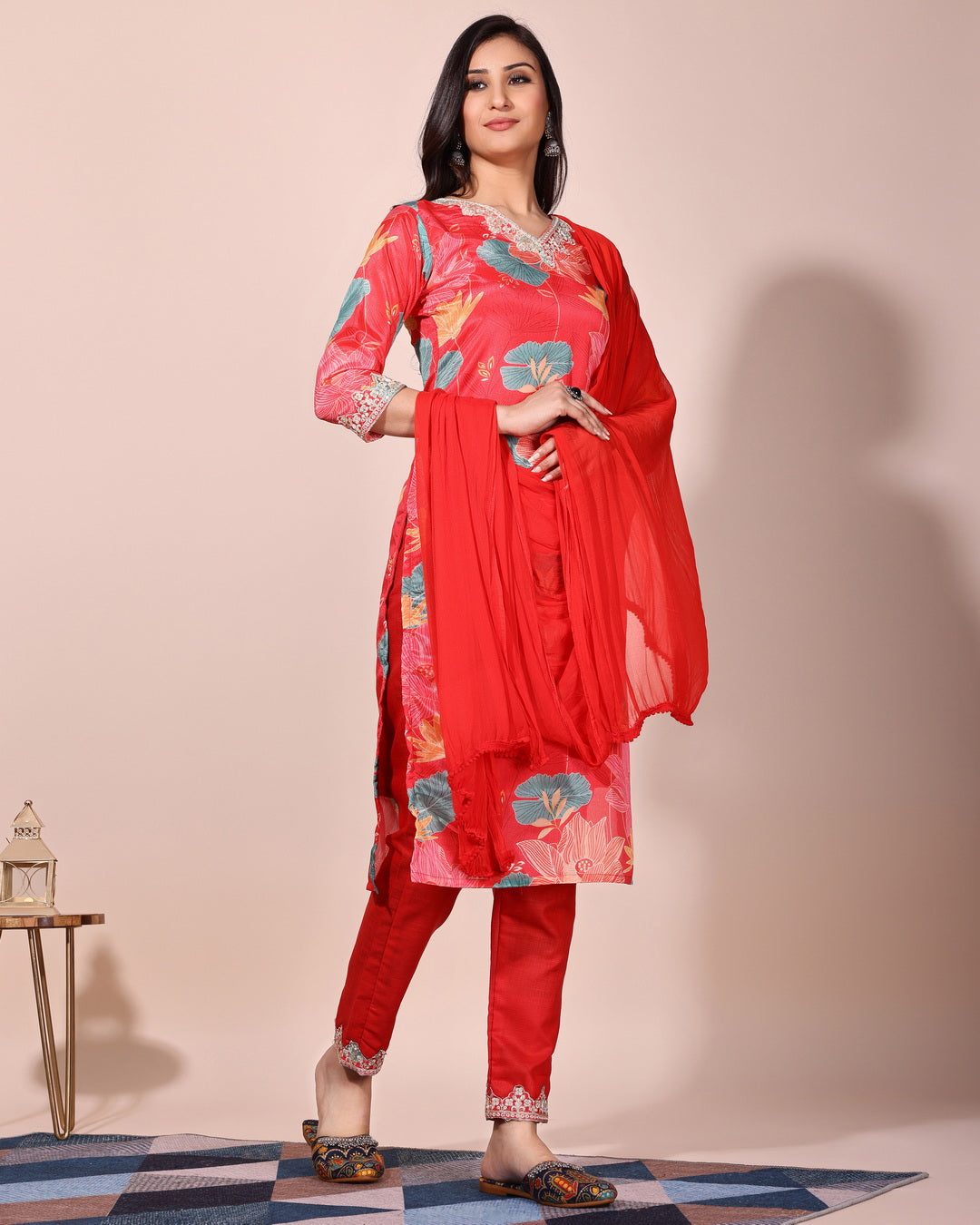 Red floral printed kurta with pant and duptta