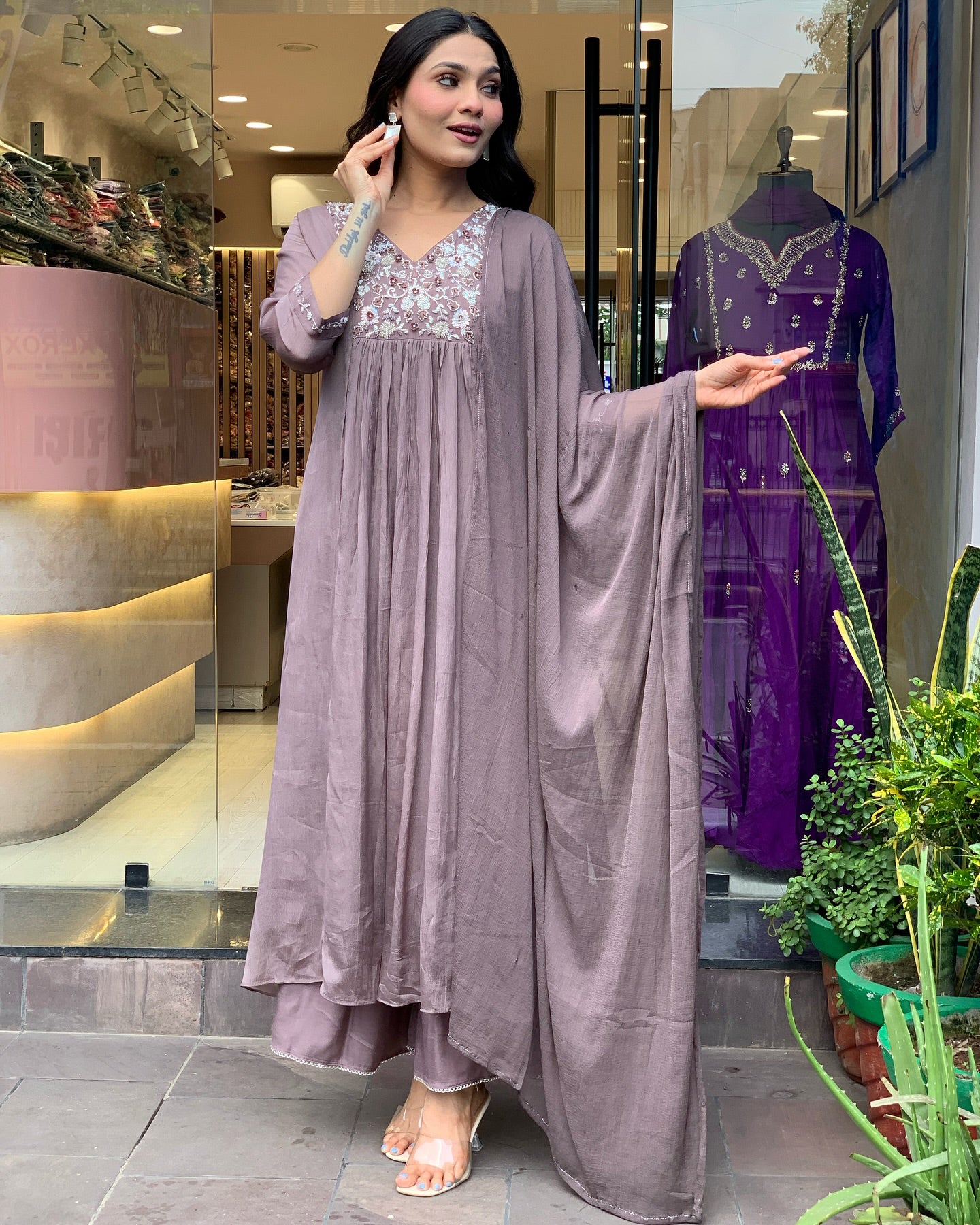 Beautiful VISCOSE CHINNON Embroidered ANARKALI Kurta with pant and dupatta sets