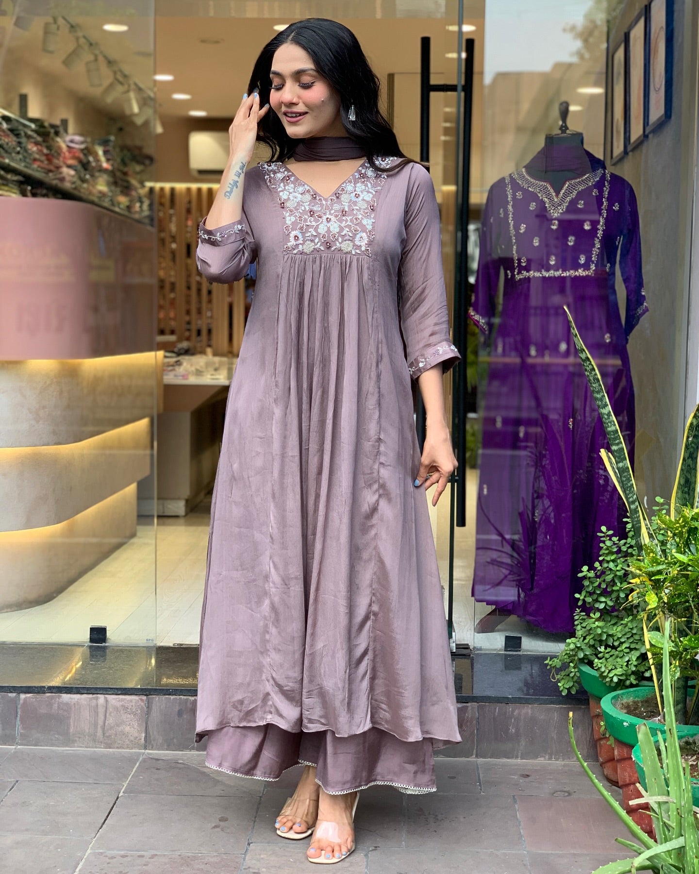 Beautiful VISCOSE CHINNON Embroidered ANARKALI Kurta with pant and dupatta sets