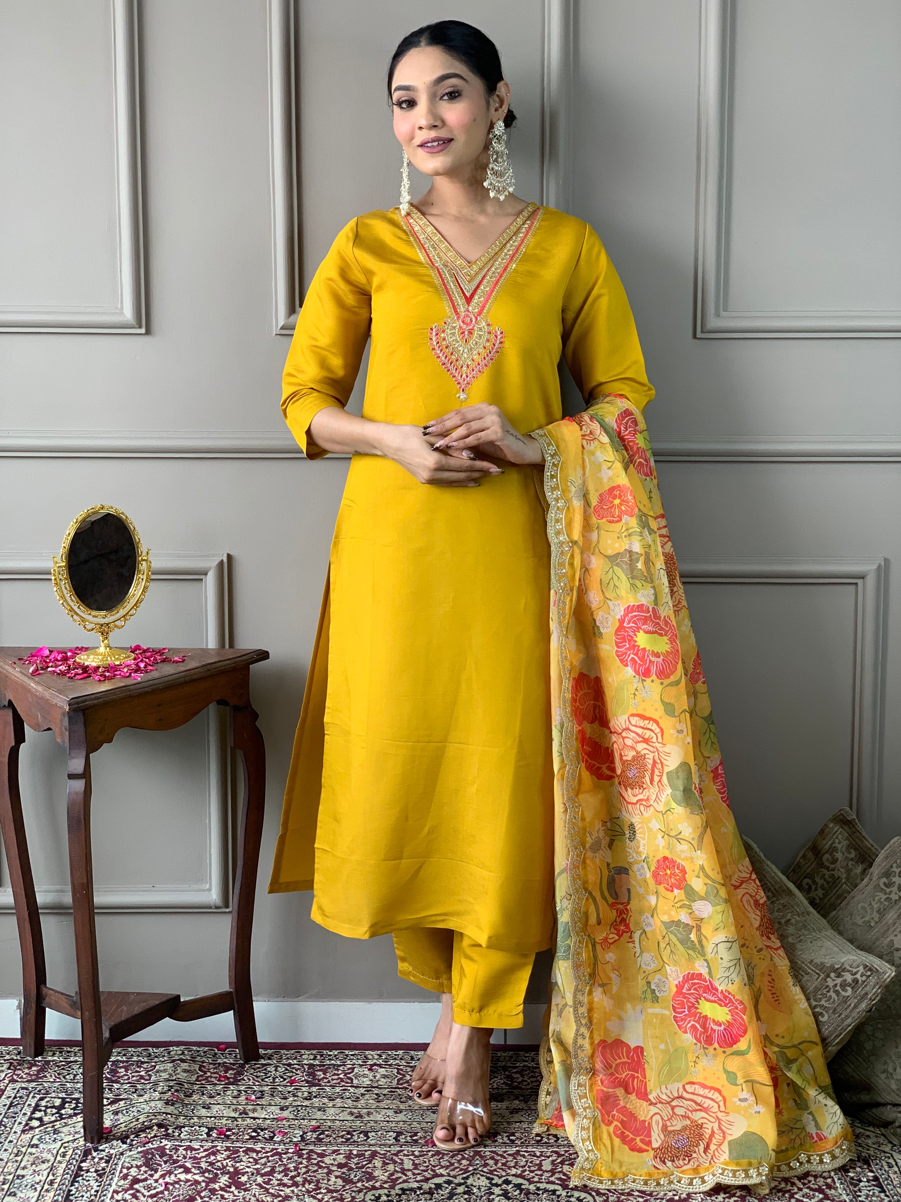 Women's Mustard Chanderi Embroidered Straight Kurta with pant and dupatta sets