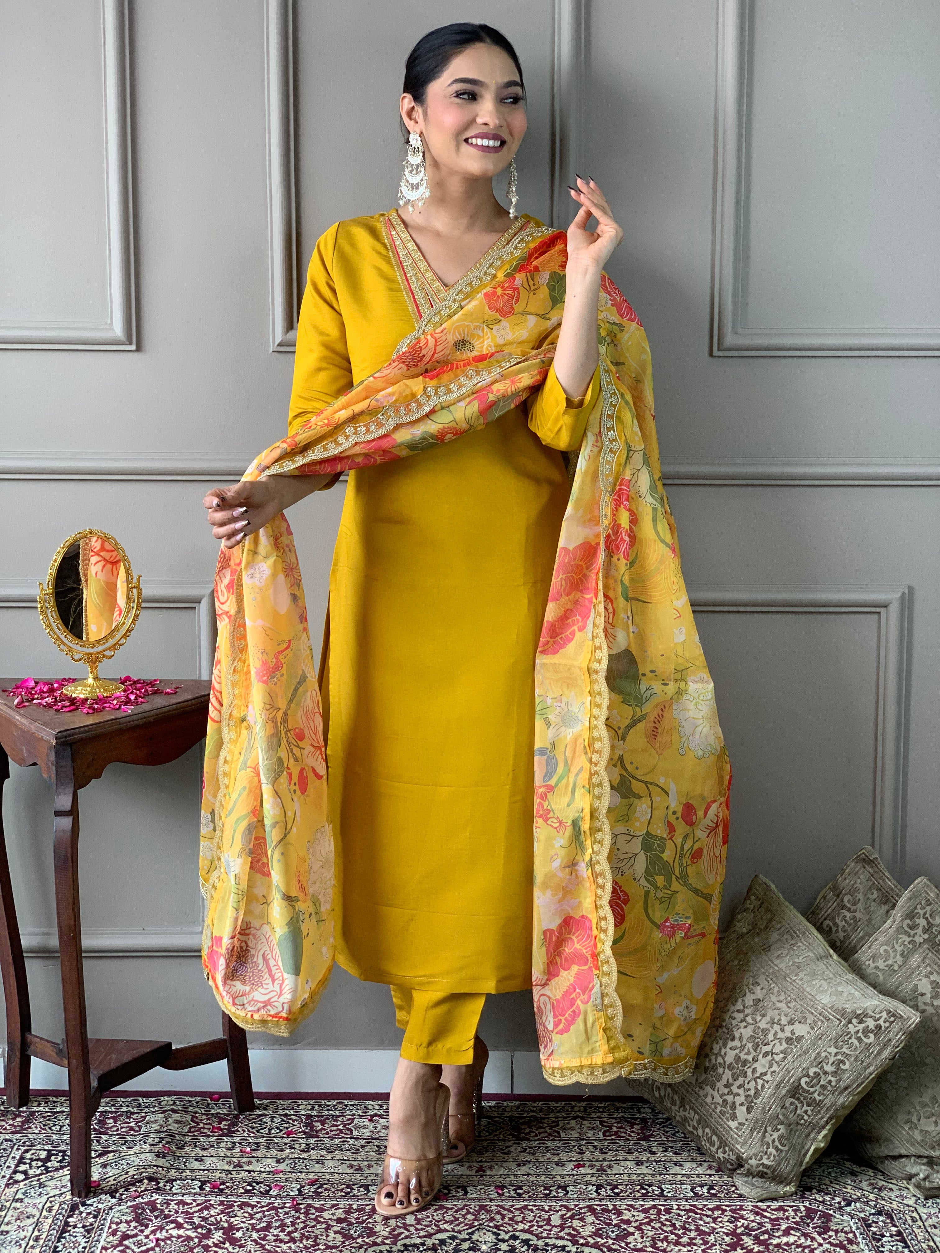 Women's Mustard Chanderi Embroidered Straight Kurta with pant and dupatta sets