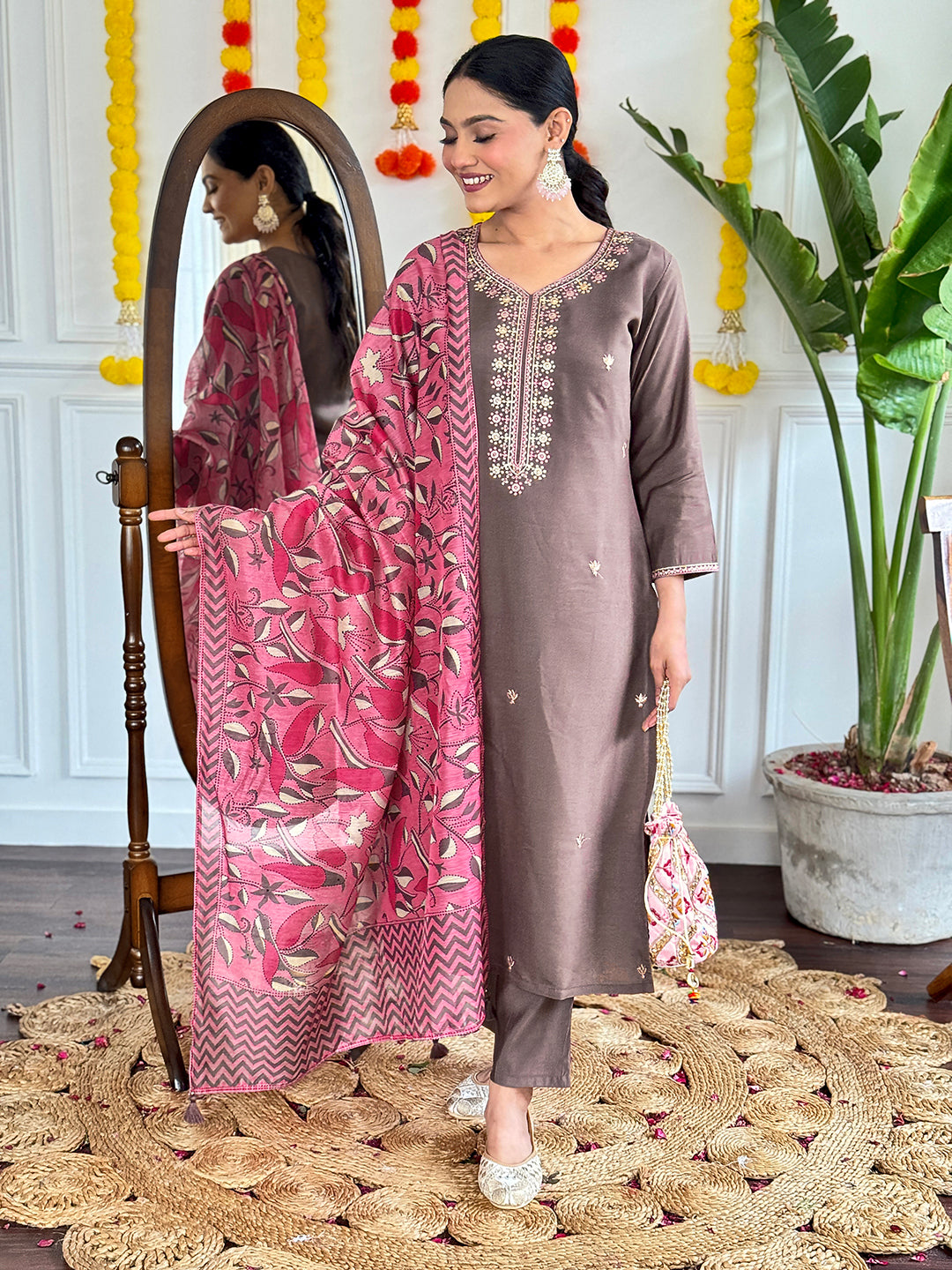 Beautiful Viscose Chanderi Embroidered Straight Kurta with pant and dupatta sets