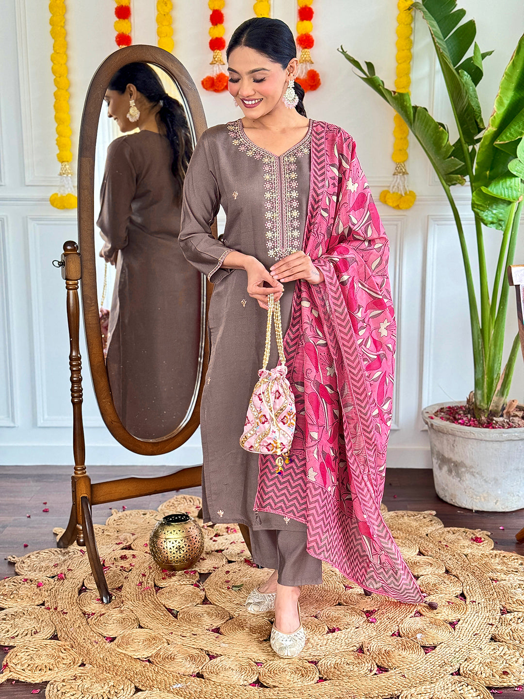 Beautiful Viscose Chanderi Embroidered Straight Kurta with pant and dupatta sets