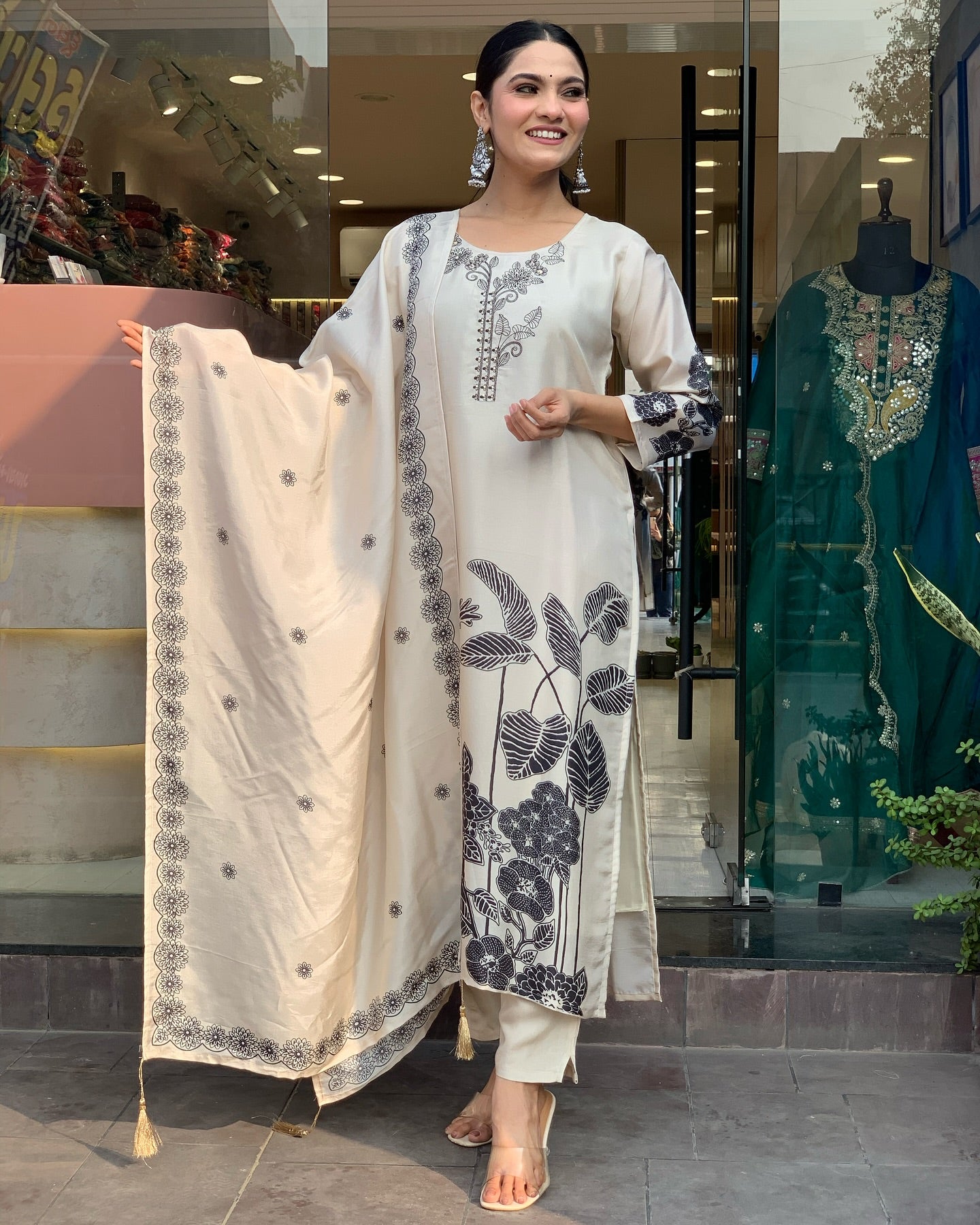 Beautiful  CHINNON SILK Embroidered Straight Kurta with pant and dupatta sets