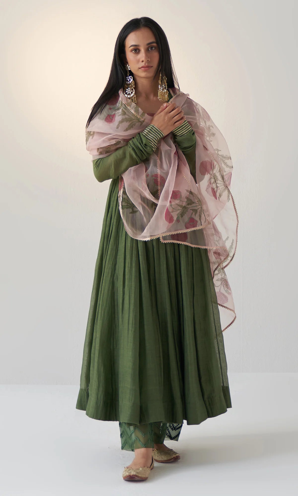 Olive Green V- Neck Anarkali With Block Printed Dupatta And Palazzo