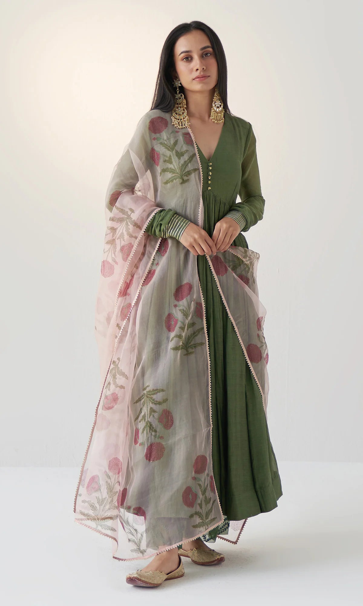 Olive Green V- Neck Anarkali With Block Printed Dupatta And Palazzo