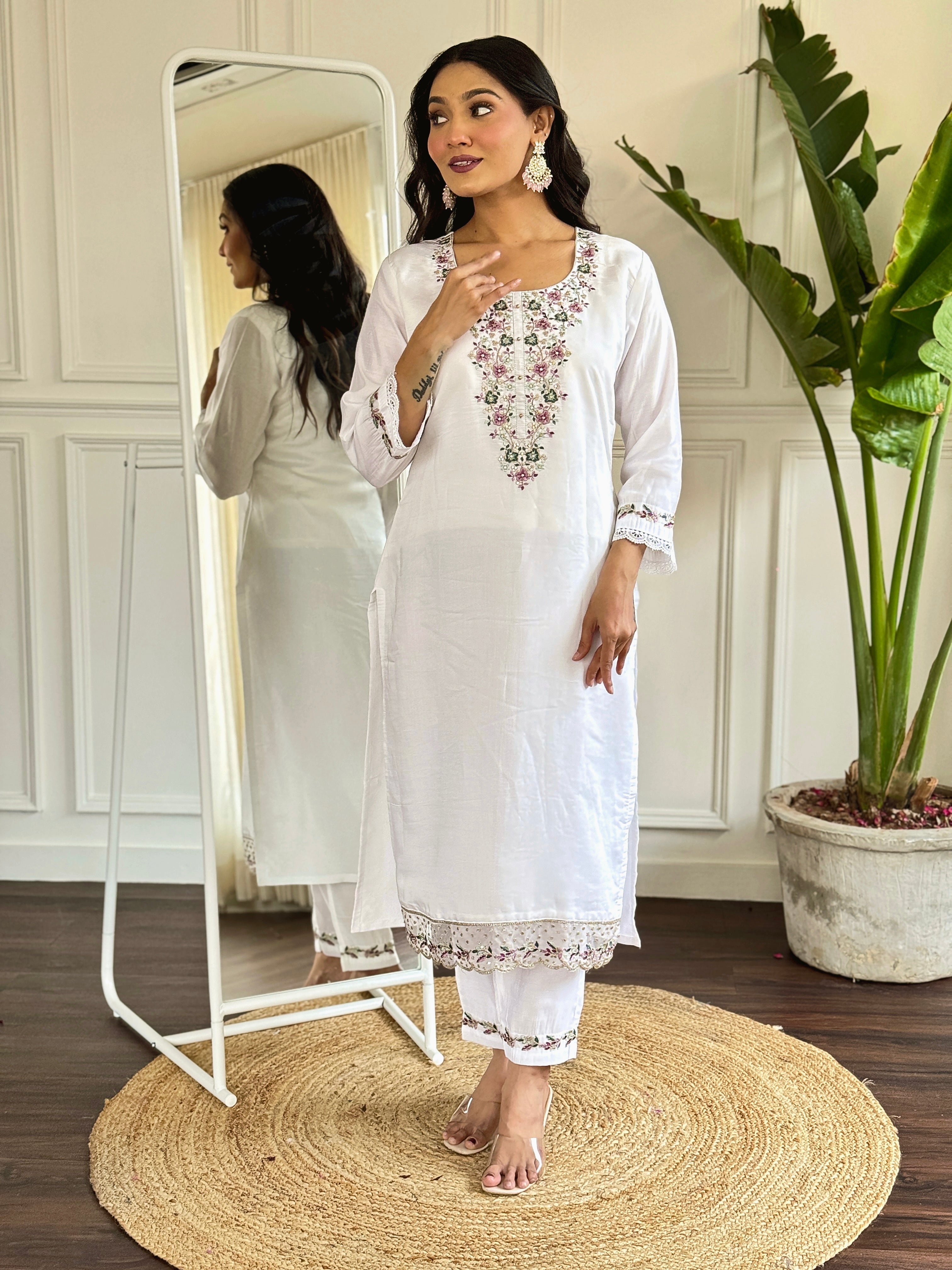 Floral Embroidered Sequinned Chanderi Silk Straight Kurta With Trouser And Dupatta