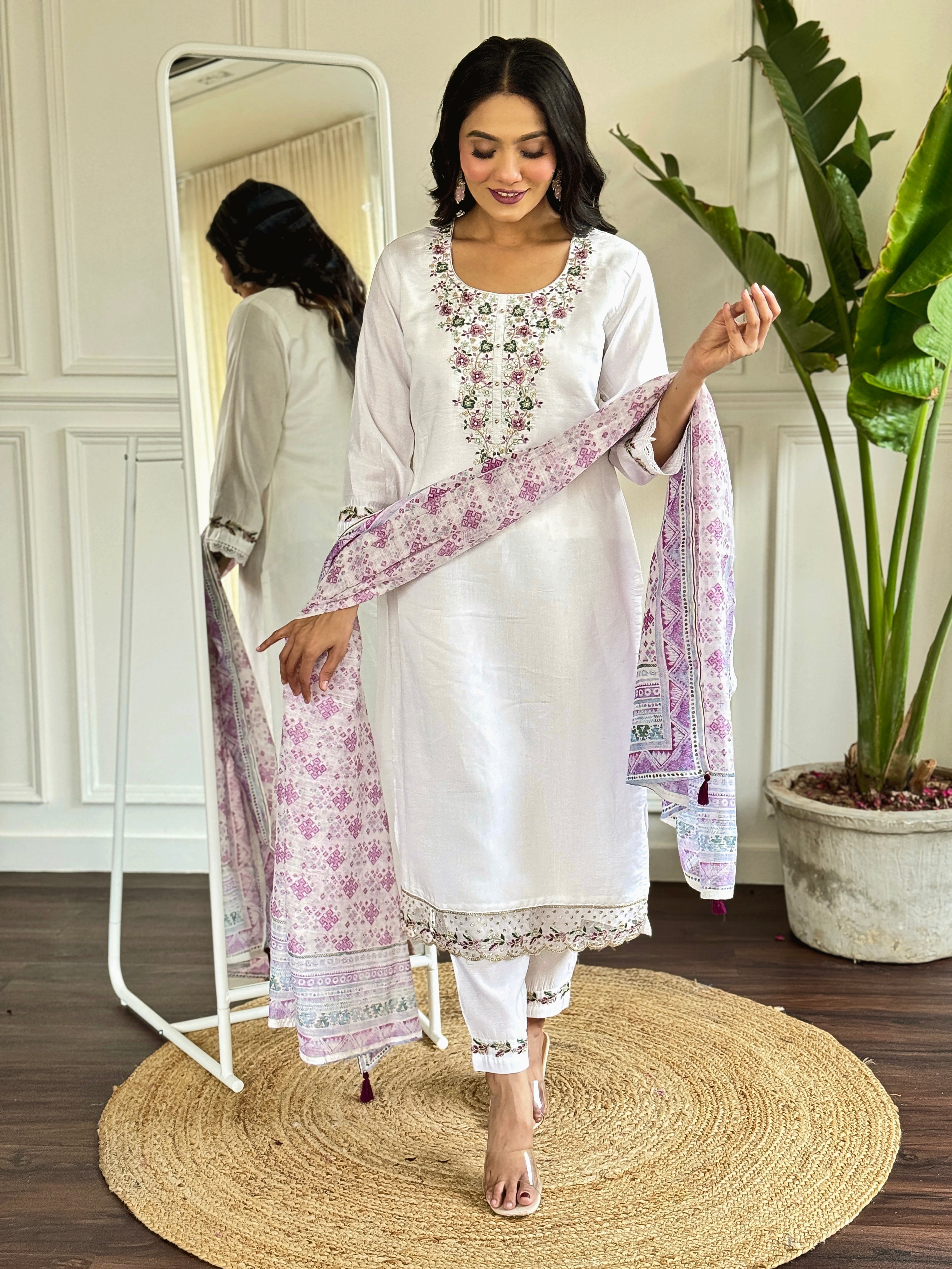 Floral Embroidered Sequinned Chanderi Silk Straight Kurta With Trouser And Dupatta