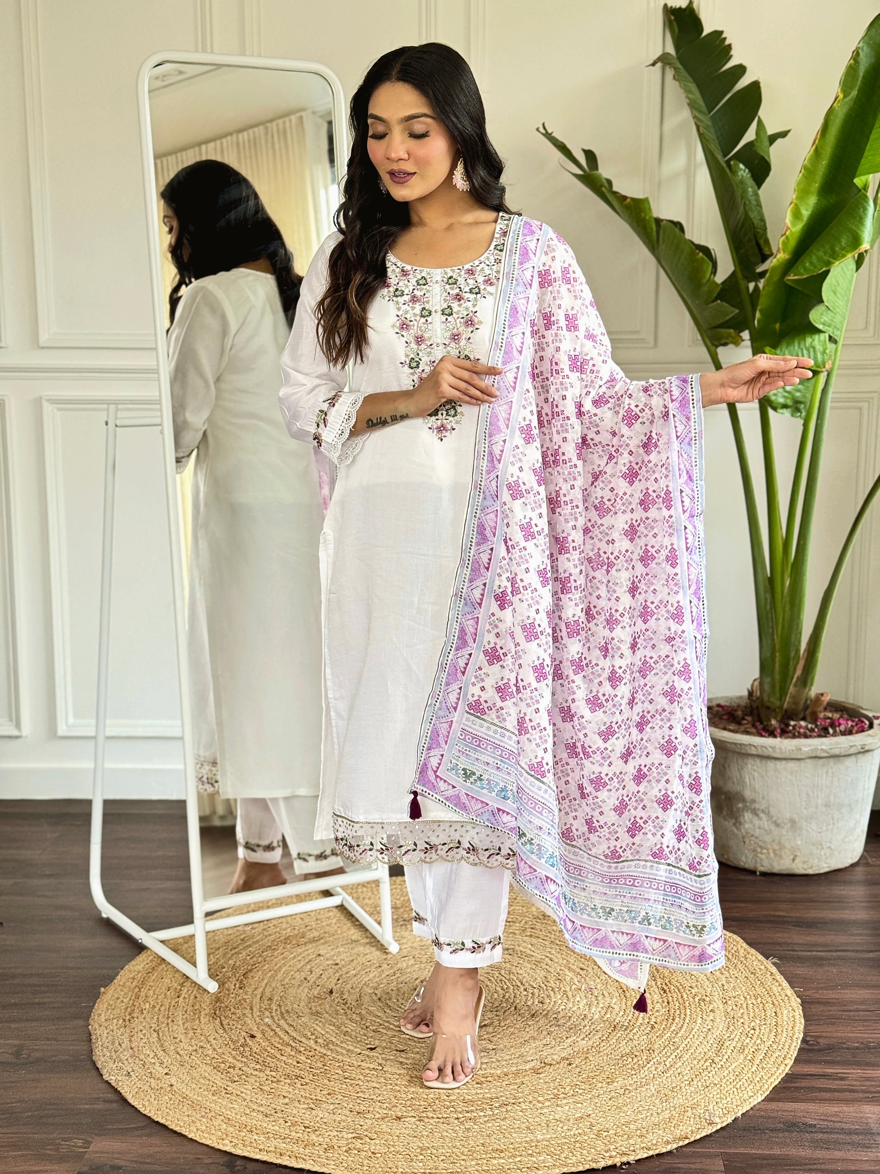 Floral Embroidered Sequinned Chanderi Silk Straight Kurta With Trouser And Dupatta