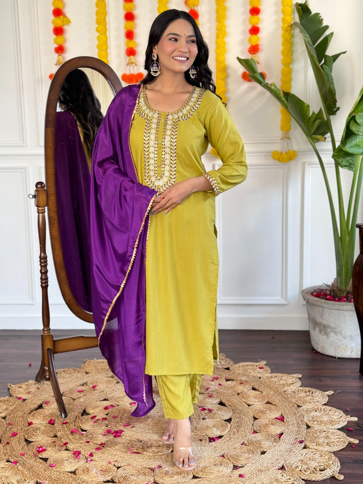 Beautiful  REYON SLUB Embroidered Straight Kurta with pant and dupatta sets