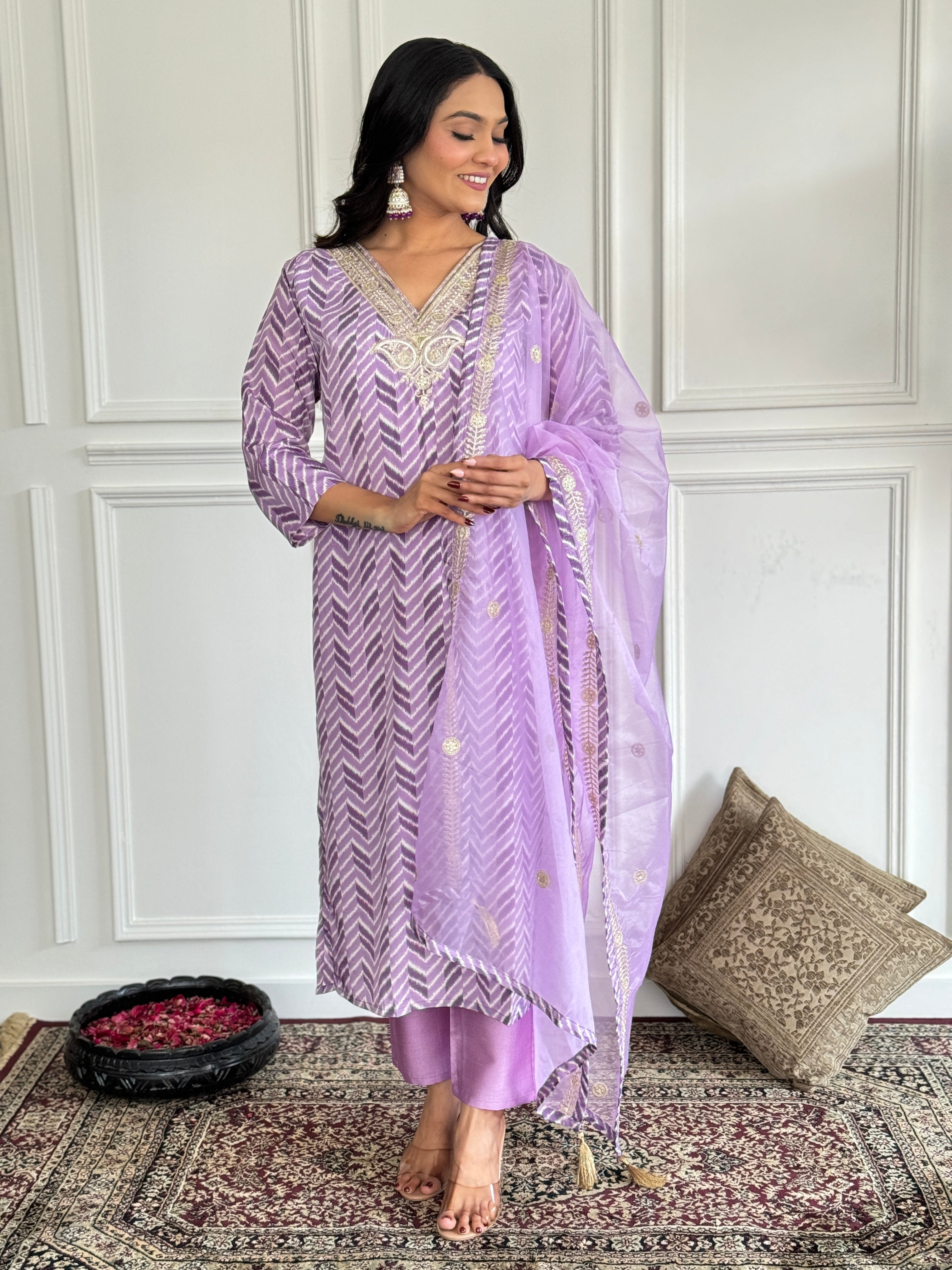 Beautiful FRENCH CREPE Embroidered Straight Kurta with pant and dupatta sets