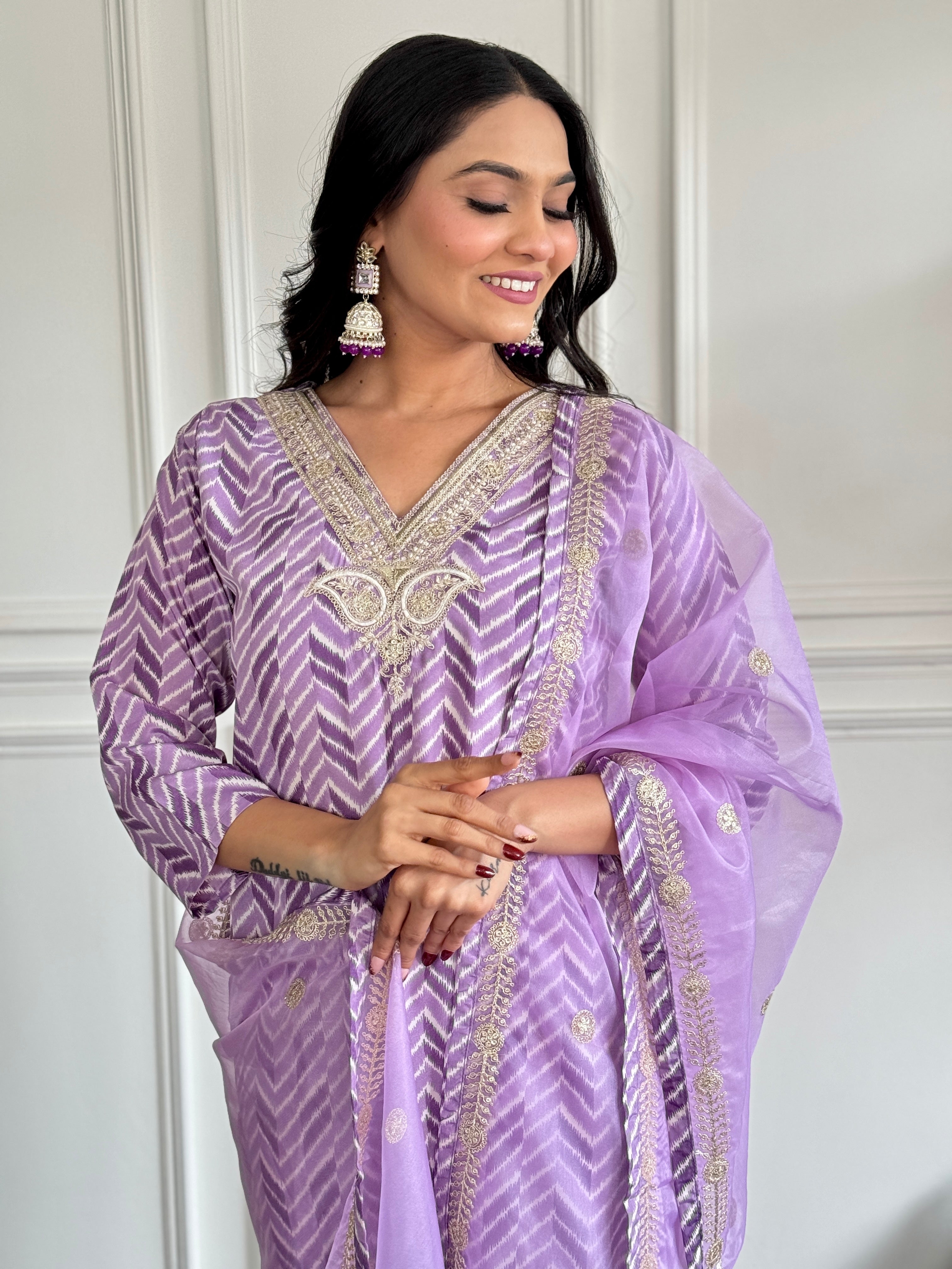 Beautiful FRENCH CREPE Embroidered Straight Kurta with pant and dupatta sets