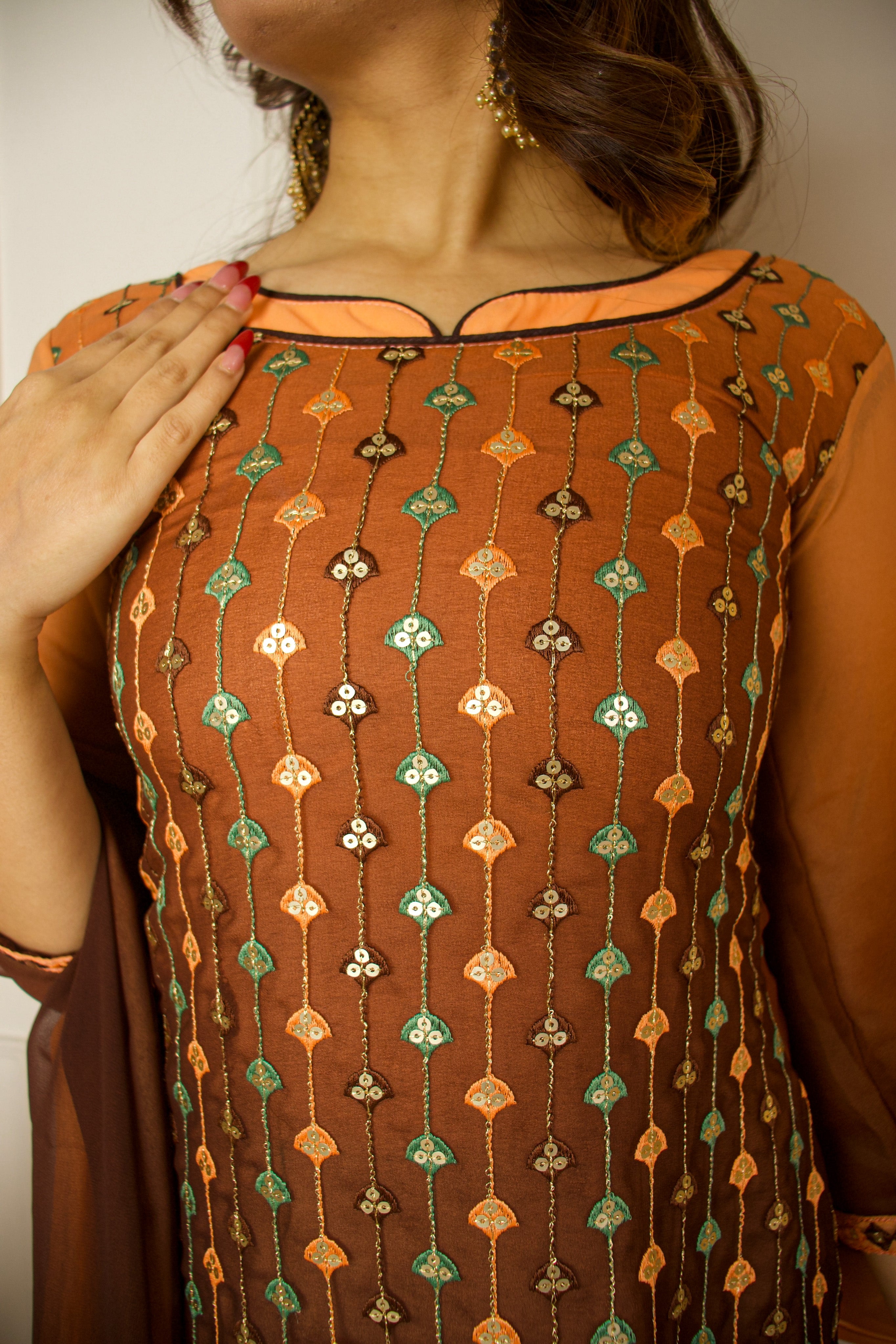 Brown Partywear Sequins Embroidered Georgette Palazzo Suit With Dupatta