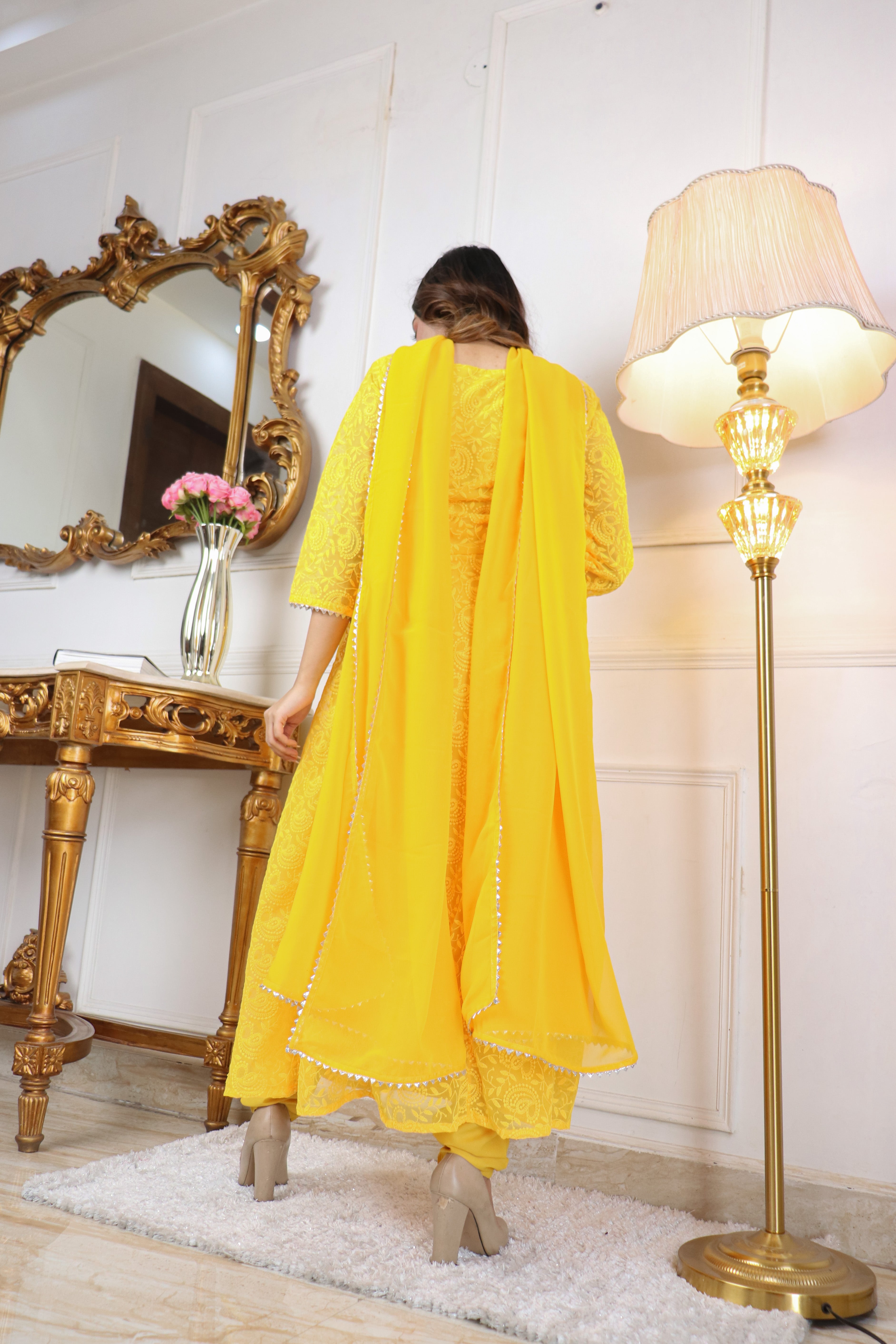 YELLOW COLORED BEAUTIFULL EMBROIDERY FLOOR TOUCH GOWN