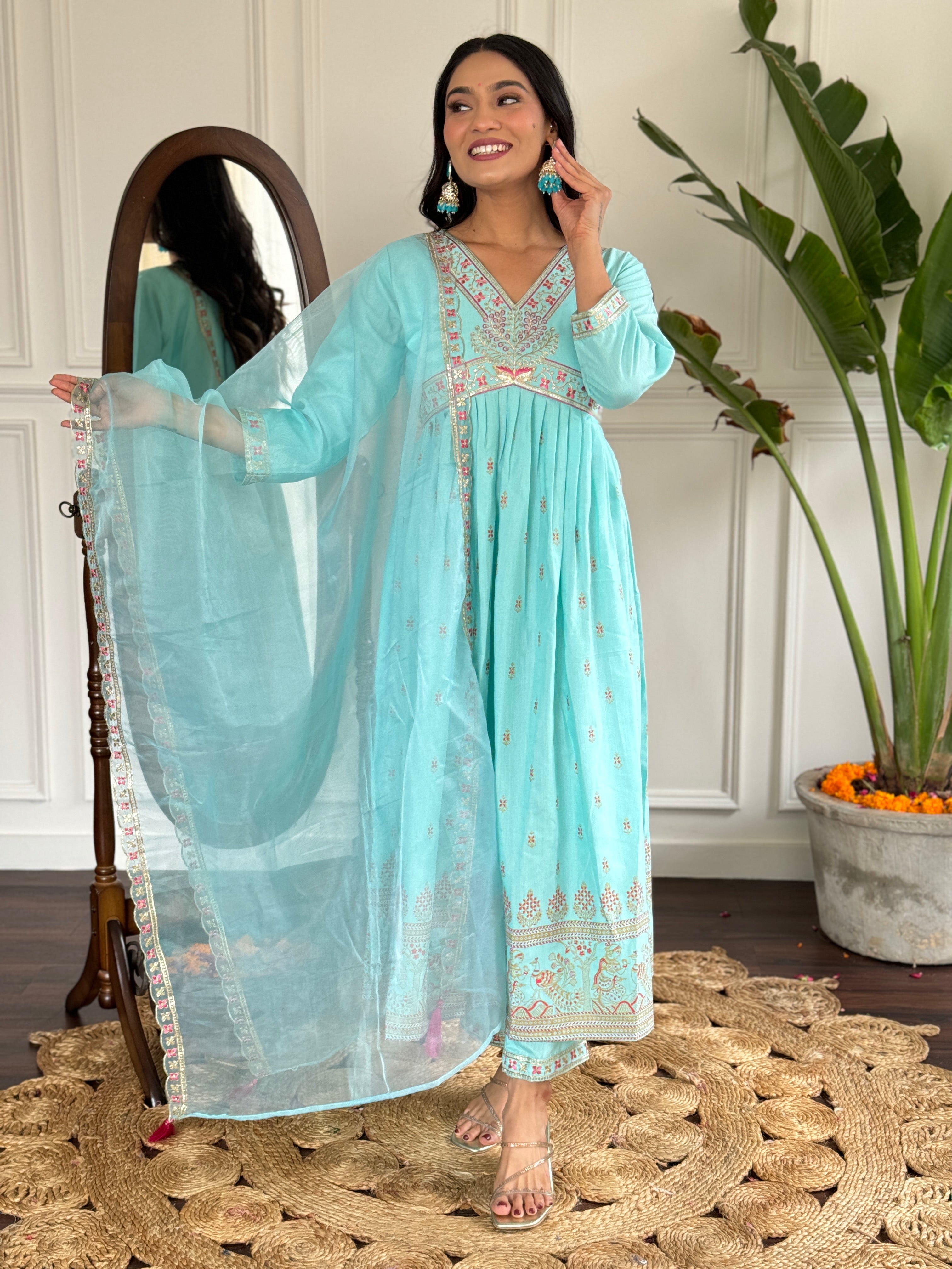 Beautiful  REYON SLUB WITH KHADI PRINT Embroidered Straight Kurta with pant and dupatta sets