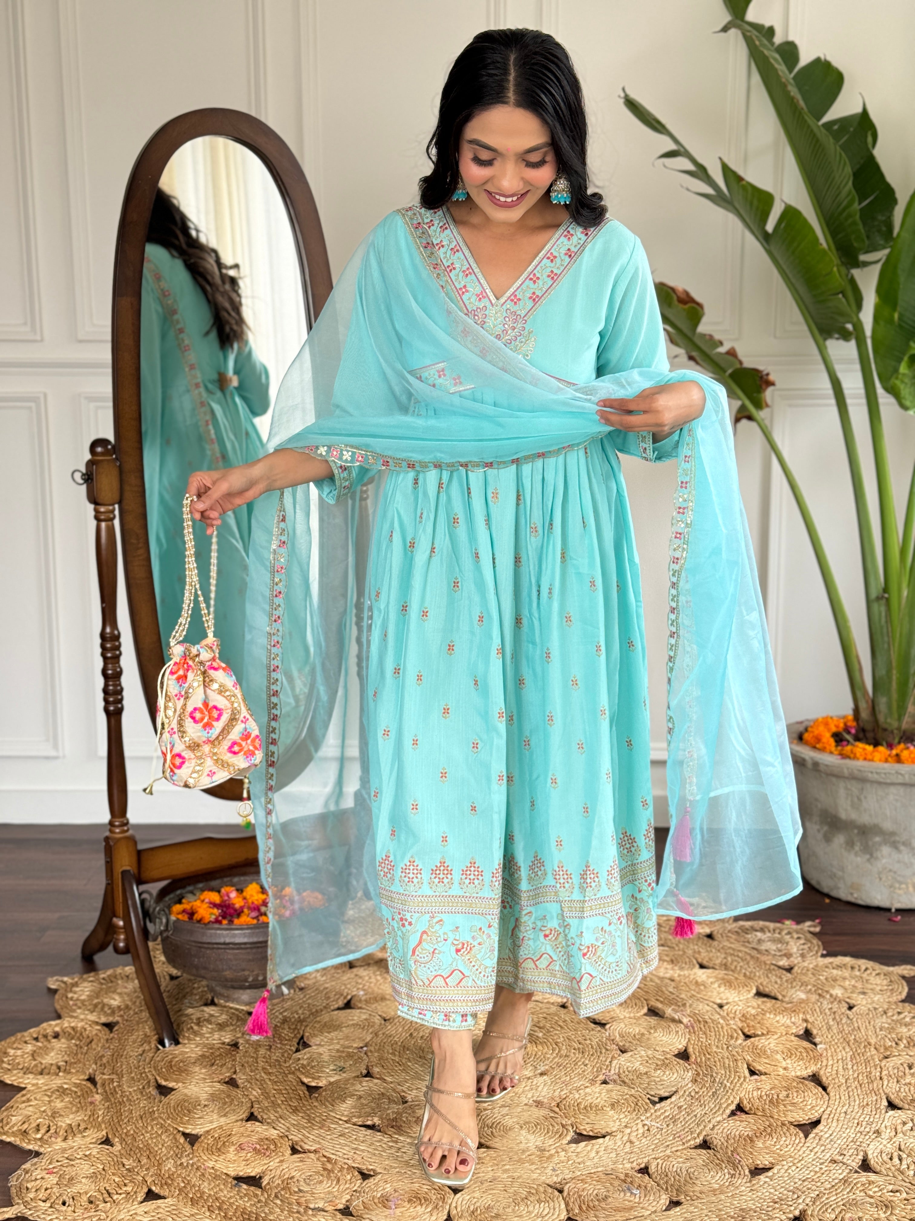 Beautiful  REYON SLUB WITH KHADI PRINT Embroidered Straight Kurta with pant and dupatta sets