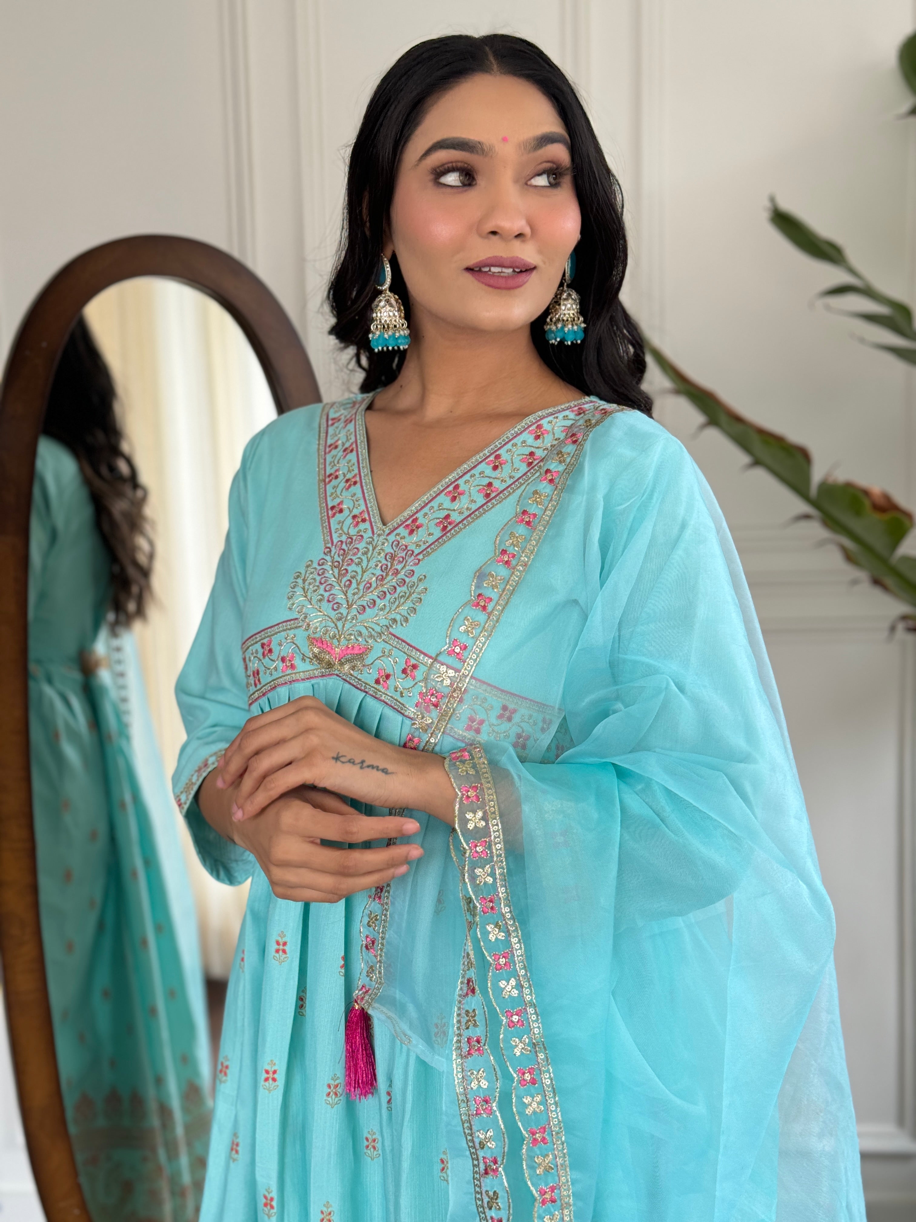 Beautiful  REYON SLUB WITH KHADI PRINT Embroidered Straight Kurta with pant and dupatta sets