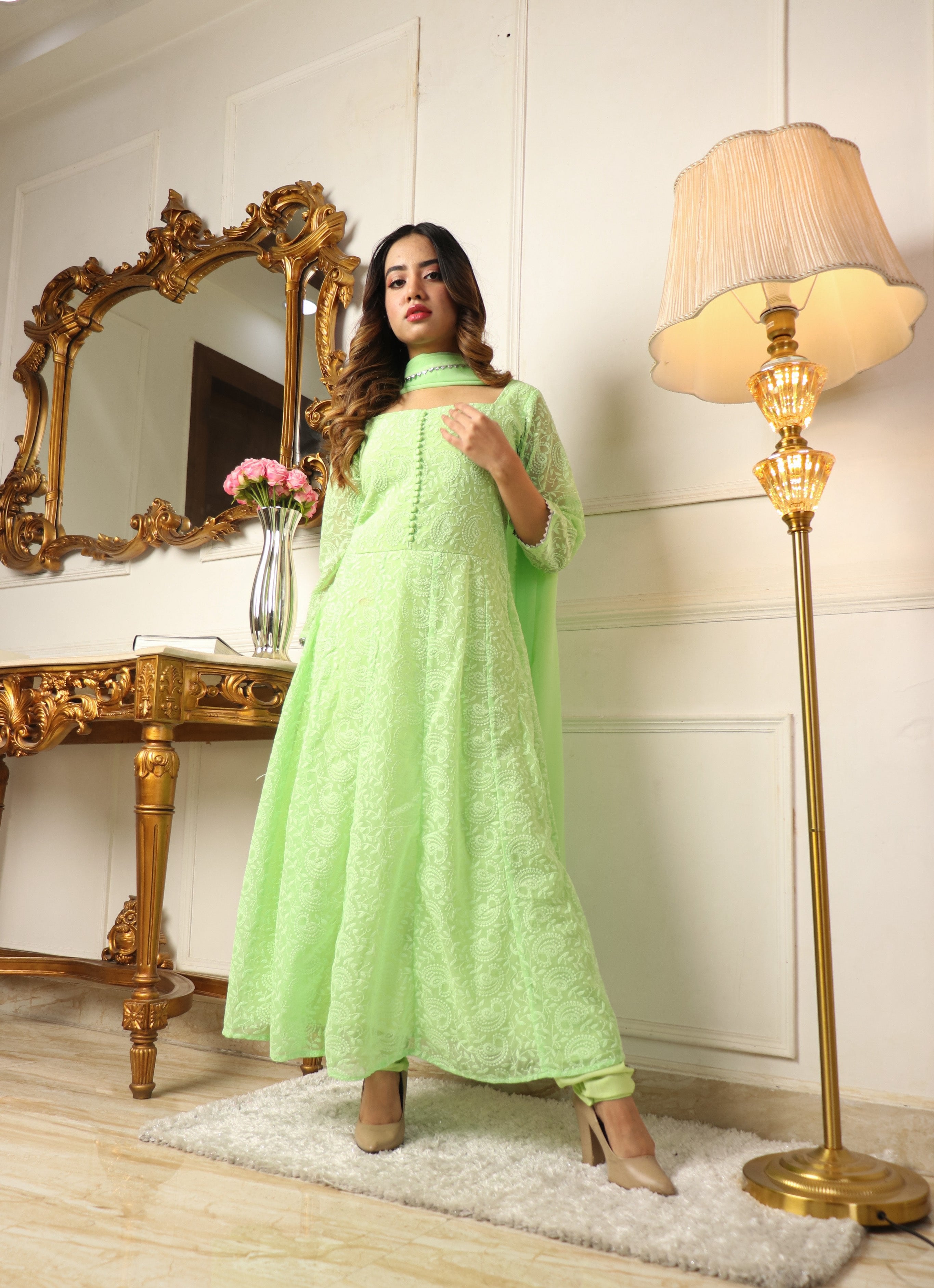 ARRESTING PISTA COLORED BEAUTIFULL EMBROIDERY FLOOR TOUCH GOWN