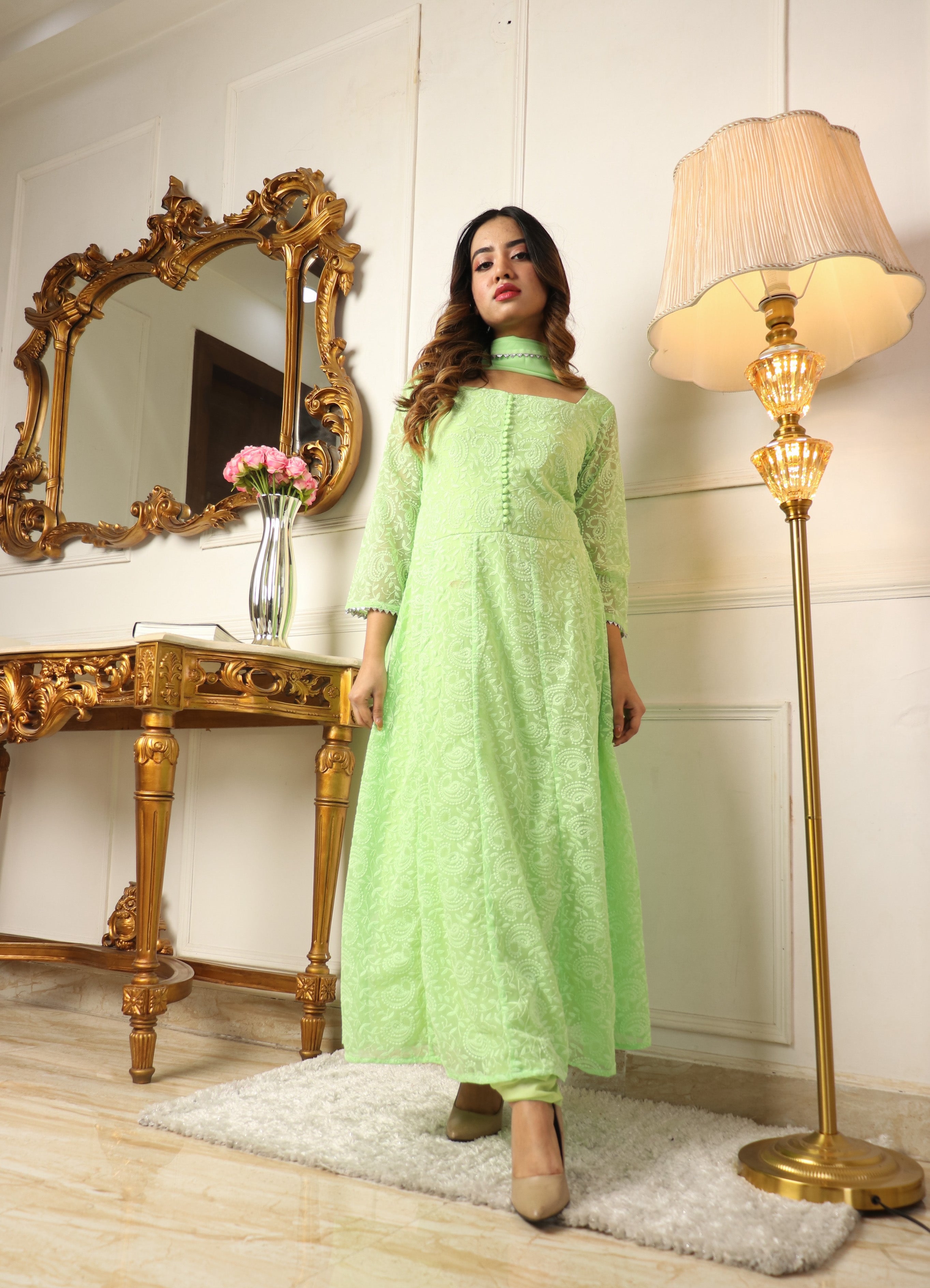 ARRESTING PISTA COLORED BEAUTIFULL EMBROIDERY FLOOR TOUCH GOWN