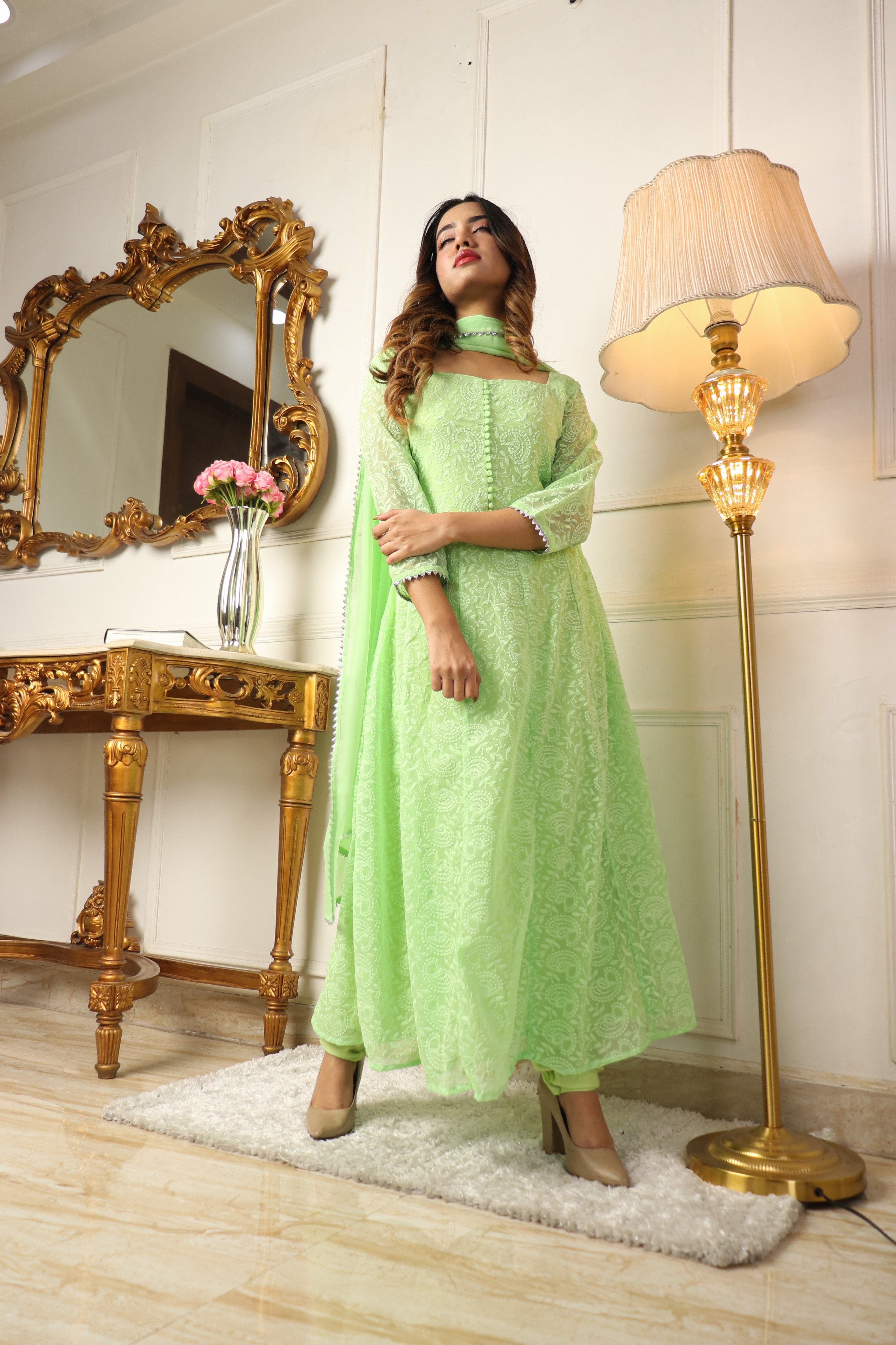 ARRESTING PISTA COLORED BEAUTIFULL EMBROIDERY FLOOR TOUCH GOWN